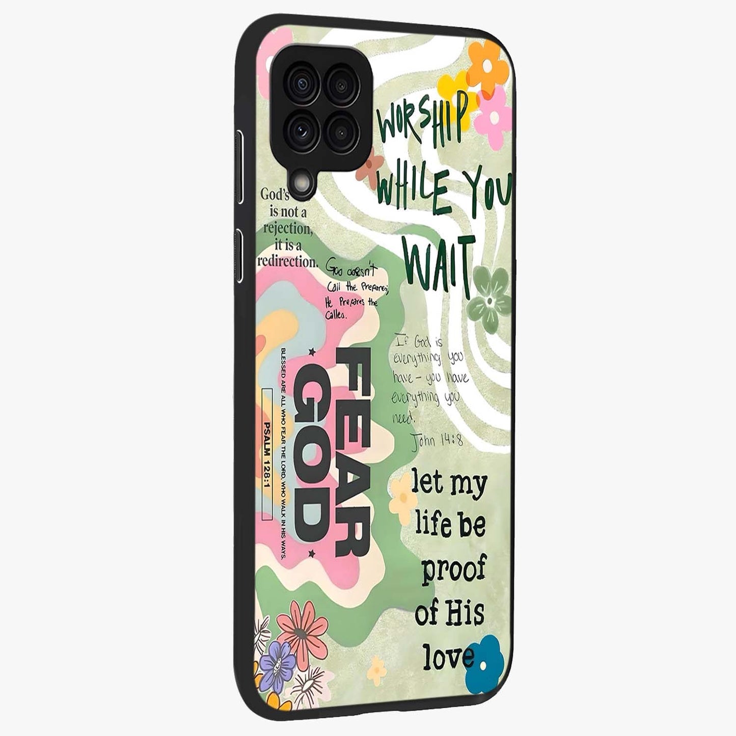 Faith Over Fear Glass Case upright view showcasing bold typography artwork with uplifting motivational theme.