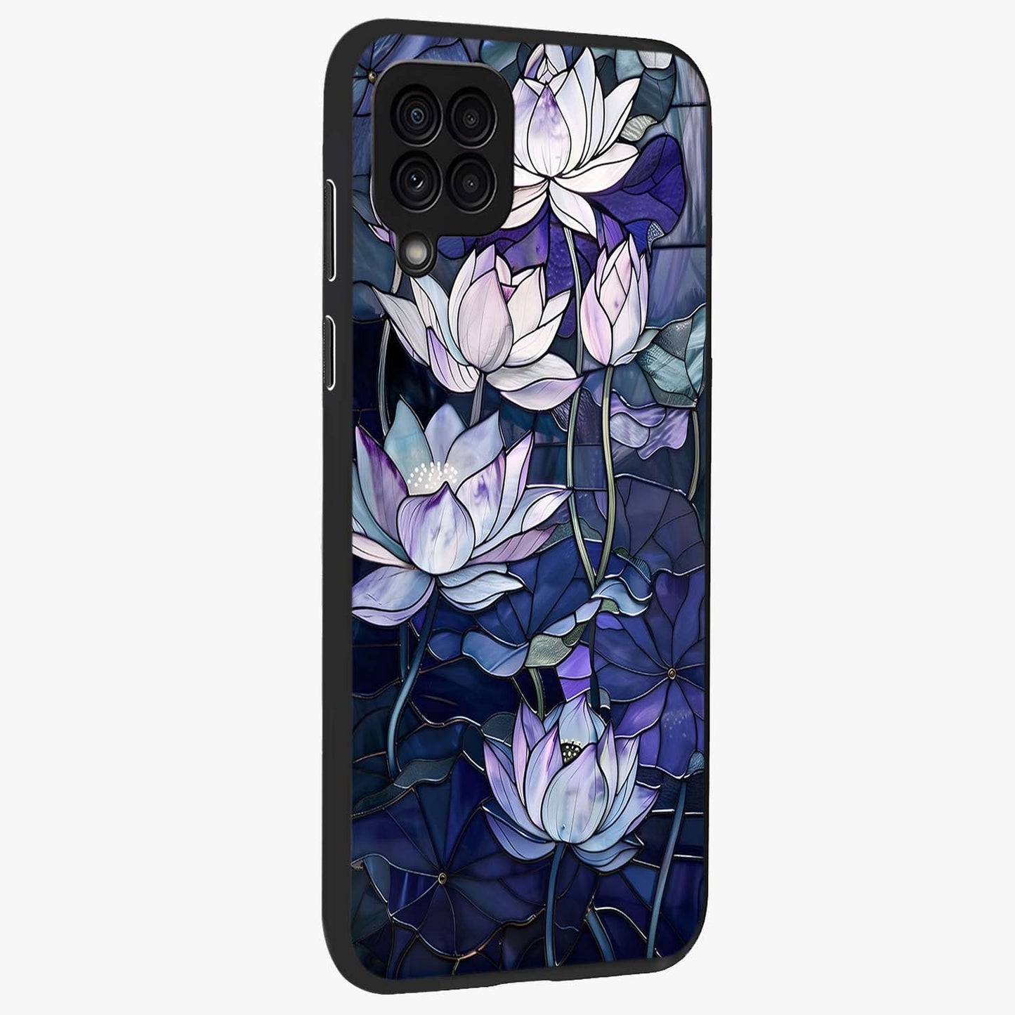 Gloss Petal Rush Glass Case upright view showcasing dynamic floral petal artwork with modern botanical theme.