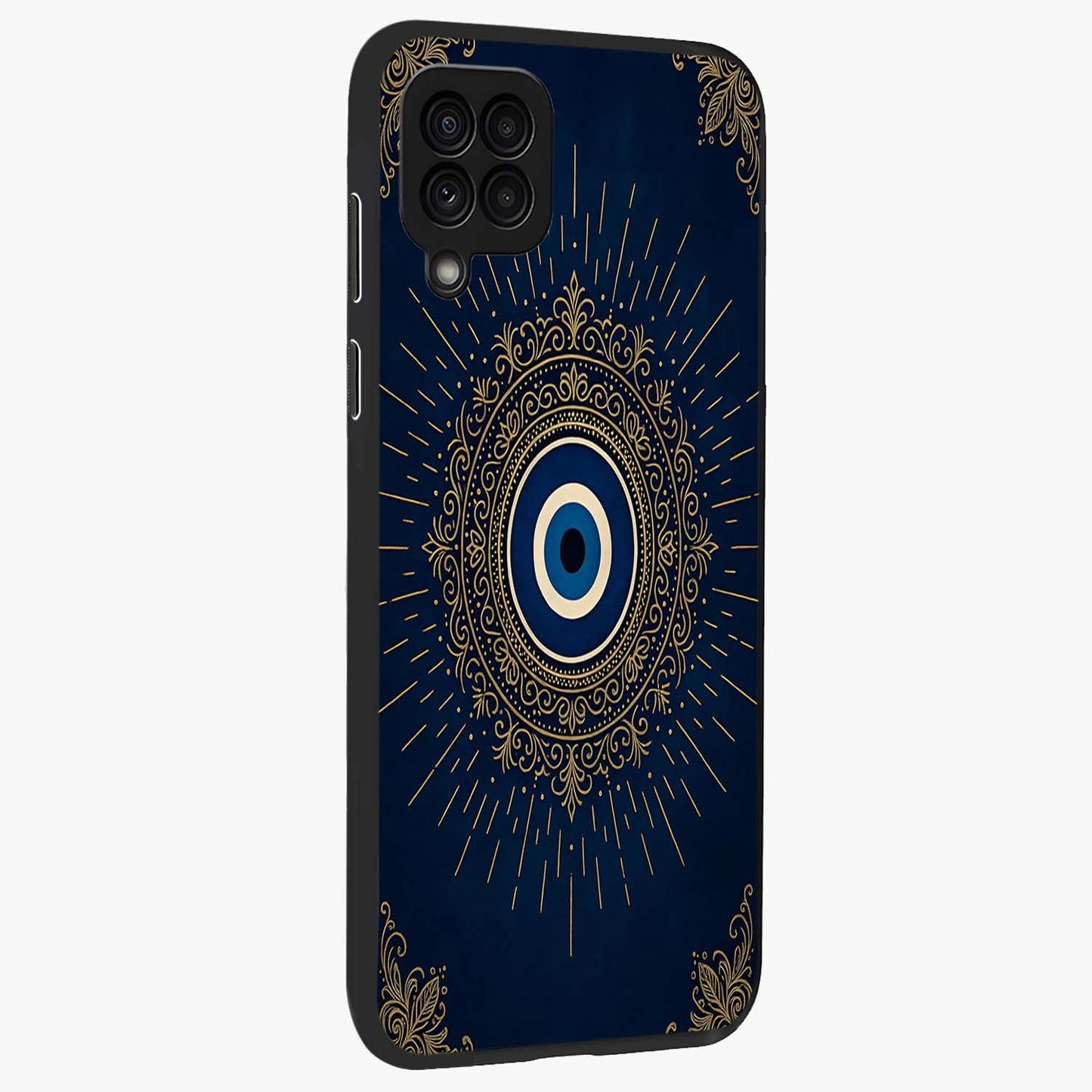 Golden Celestial Charm Glass Case upright view showcasing radiant celestial artwork with elegant golden theme.