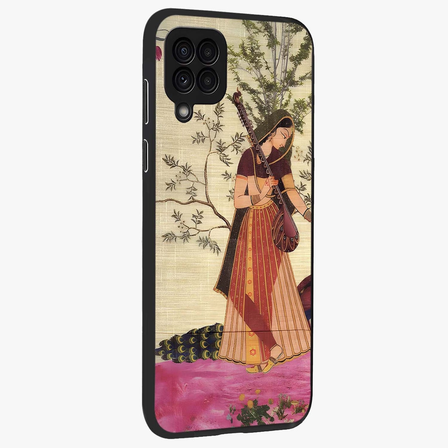 Lady With Veena Art Glass Case upright view showcasing classical veena artwork with traditional artistic theme.