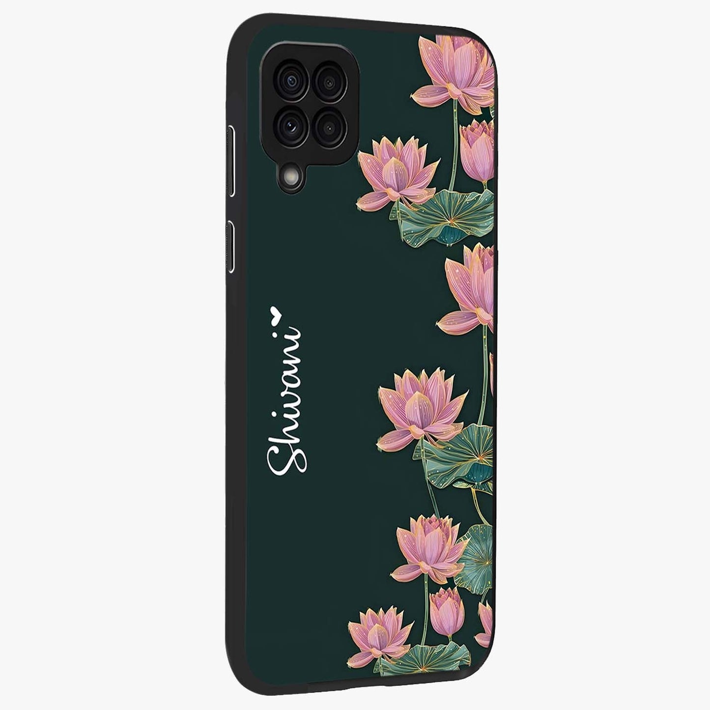 Lotus Bloom Serenity Custom Name Glass Case upright view showcasing serene lotus bloom artwork with personalized floral aesthetic.