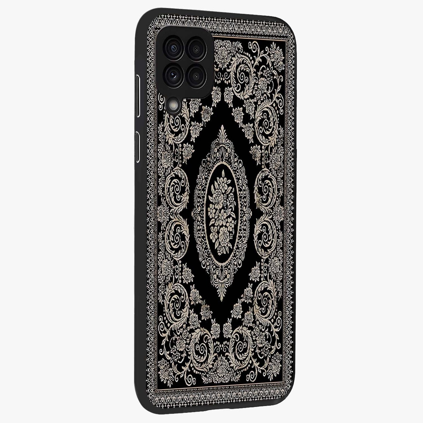 Noir Bloom Elegance Glass Case upright view showcasing graceful floral artwork with luxurious dark theme.