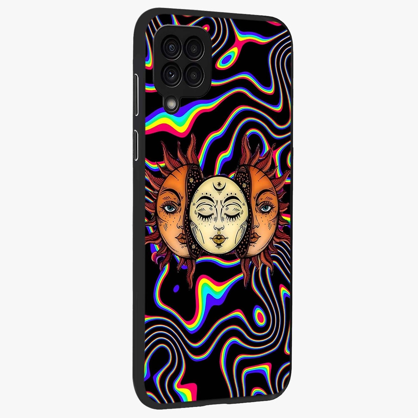 Psychedelic Sun Glass Case upright view showcasing trippy sun artwork with bold psychedelic theme.