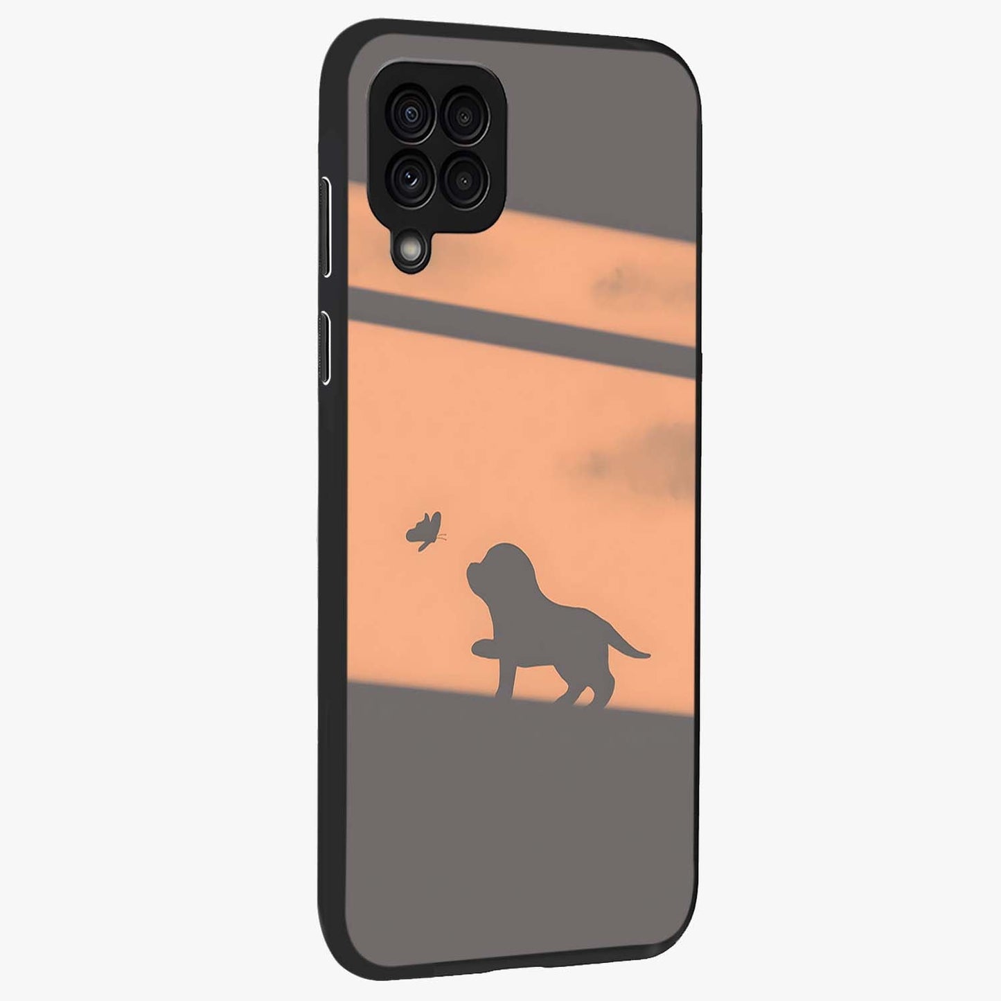 Puppy Shadow Art Glass Case upright view showcasing charming puppy artwork with creative silhouette theme.
