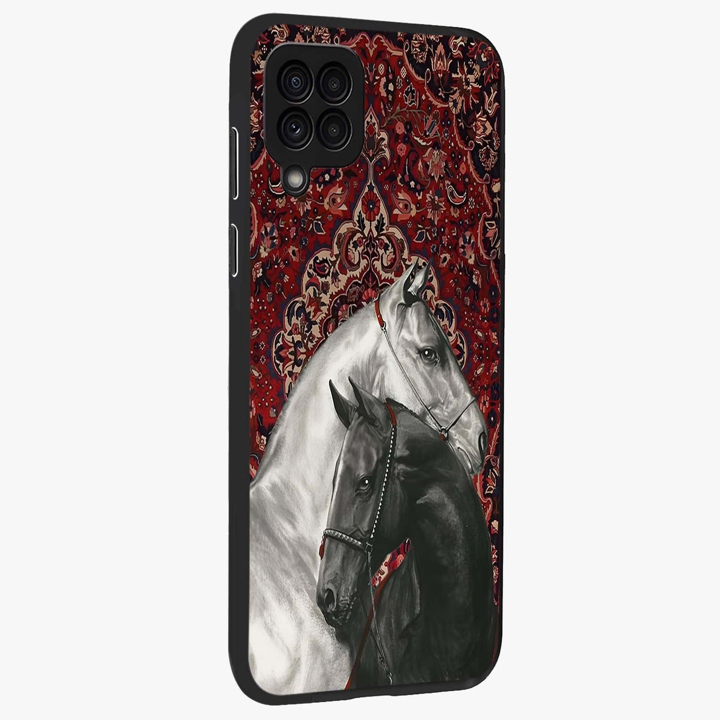 Regal Stallion Tapestry Glass Case upright view showcasing powerful horse artwork with elegant tapestry theme.
