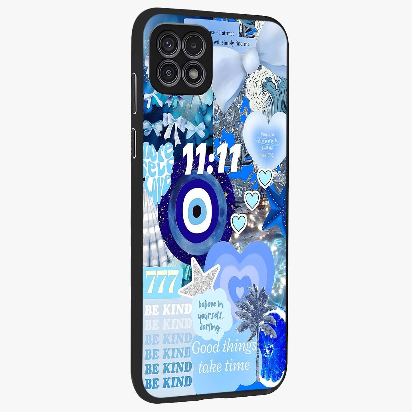 Aesthetic Be Kind Eye Glass Case upright view showcasing stylish eye illustration with positive message theme.
