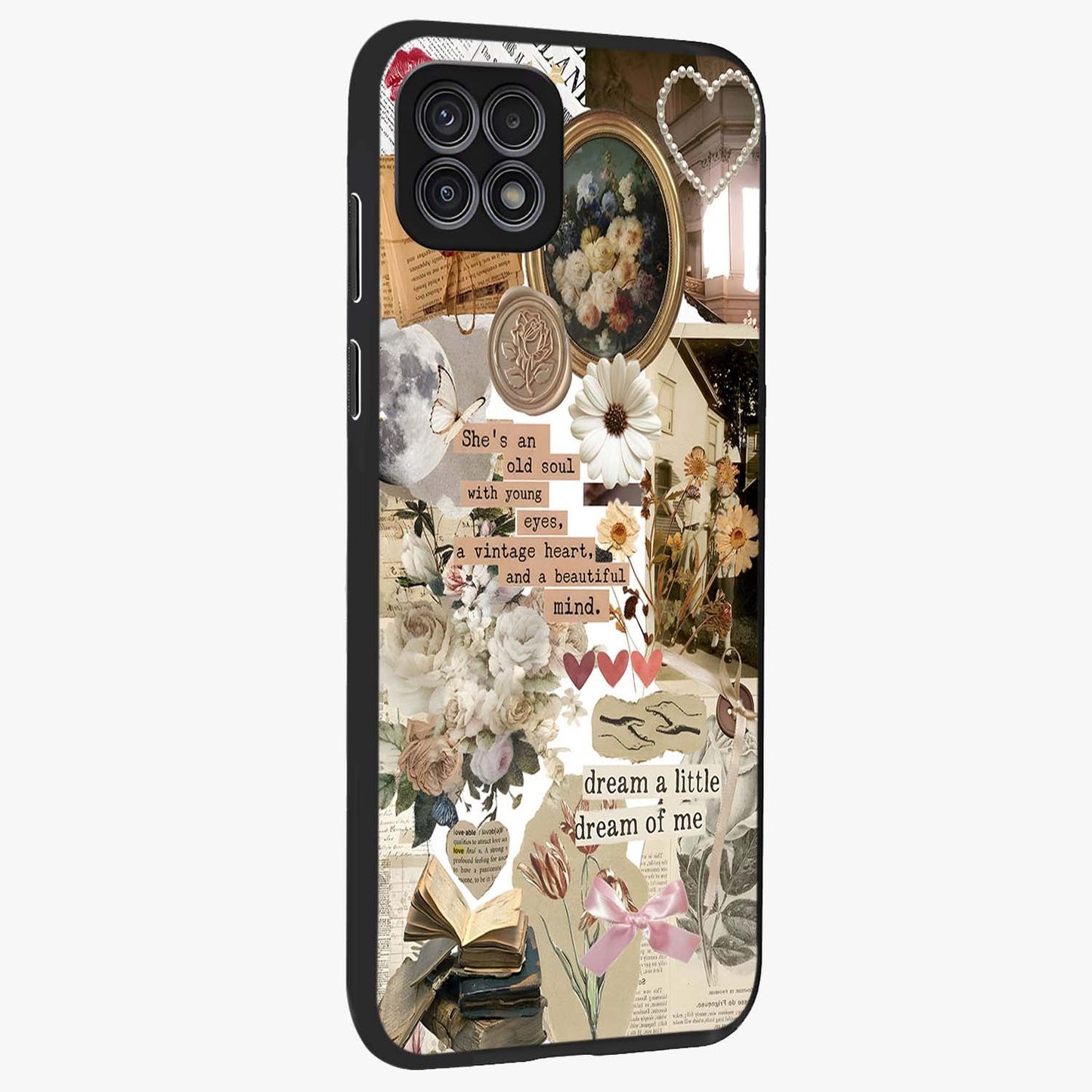 Aesthetic Brown Vintage Collage Glass Case upright view showcasing nostalgic retro artwork with stylish vintage theme.