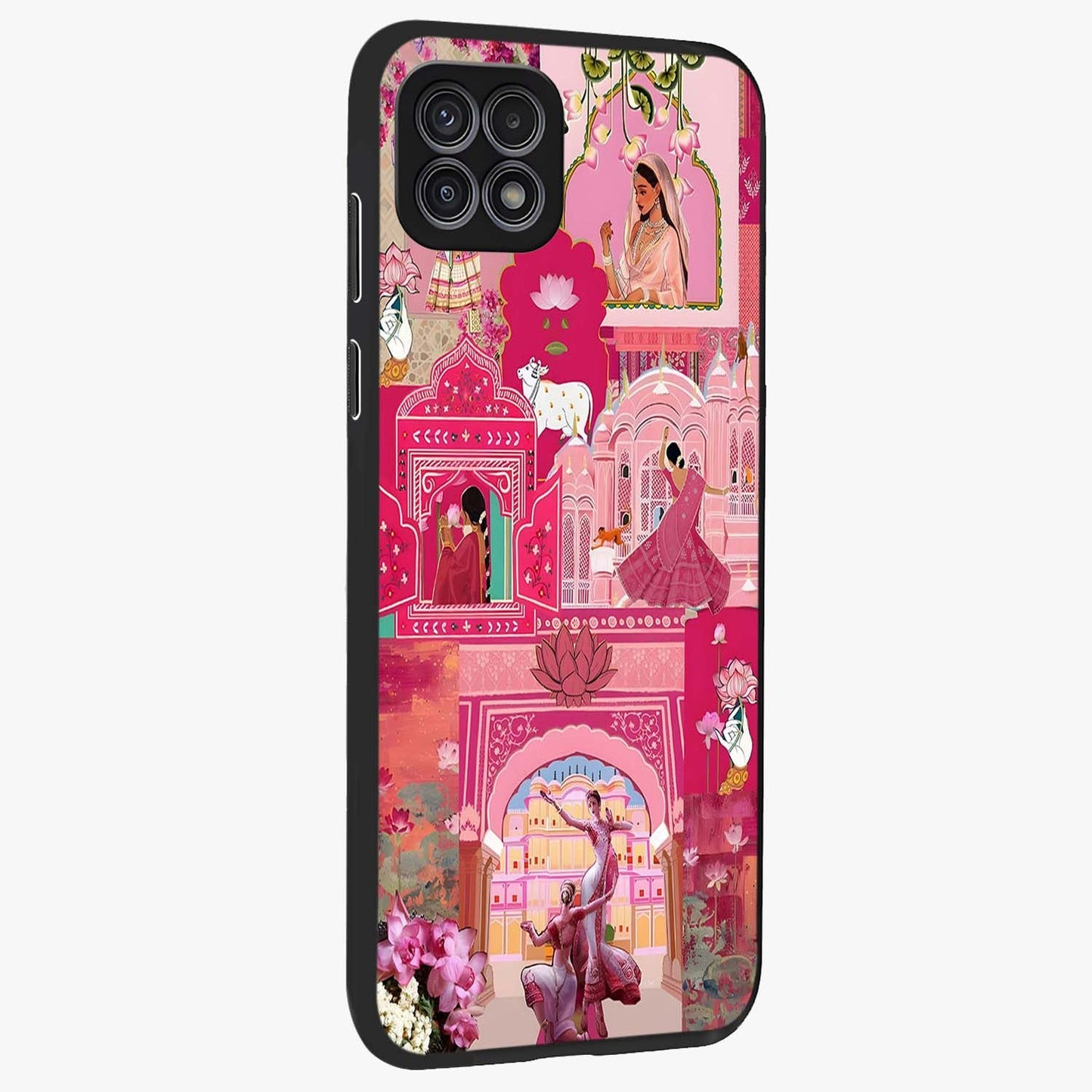 Blossoms of Rajasthan Glass Case upright view showcasing colorful floral design inspired by traditional Indian art.