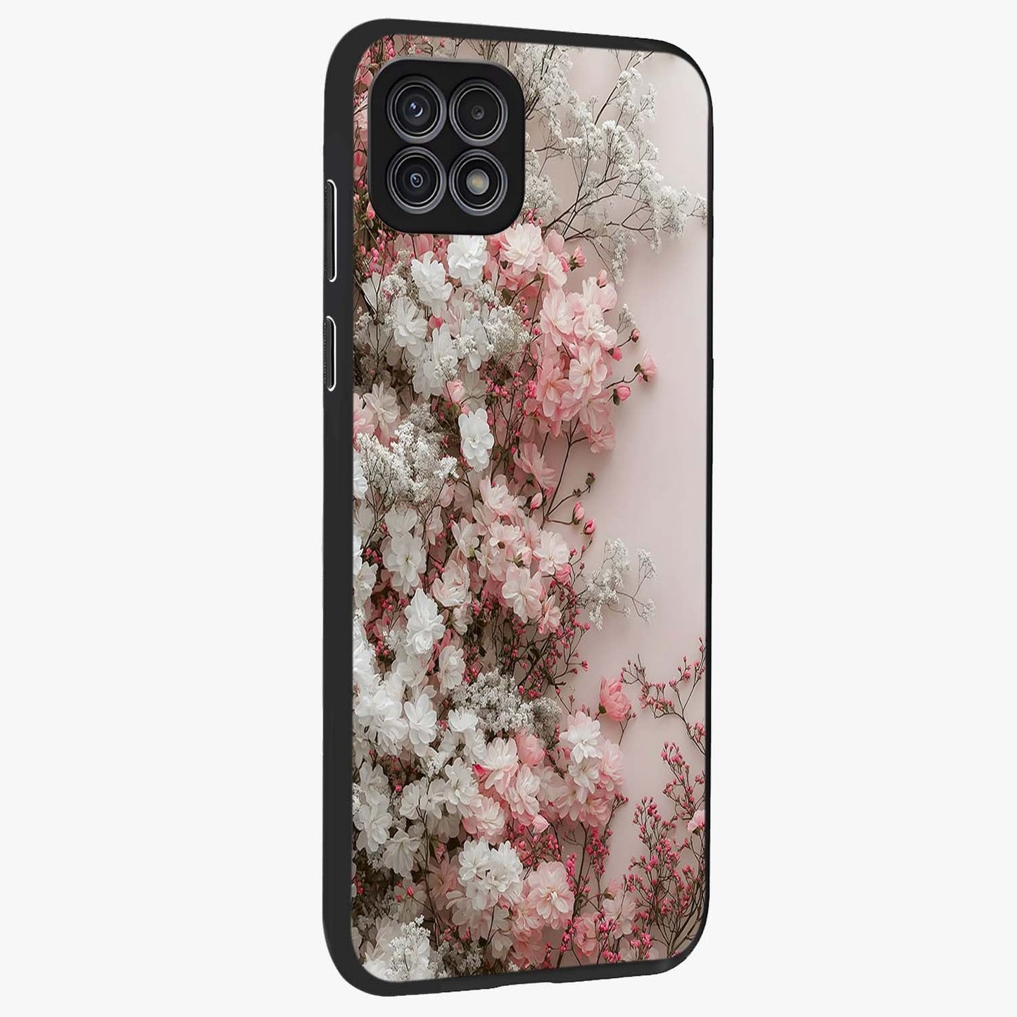 Blush Blossom Cloud Glass Case upright view showcasing calm floral cloud artwork with gentle dreamy theme.
