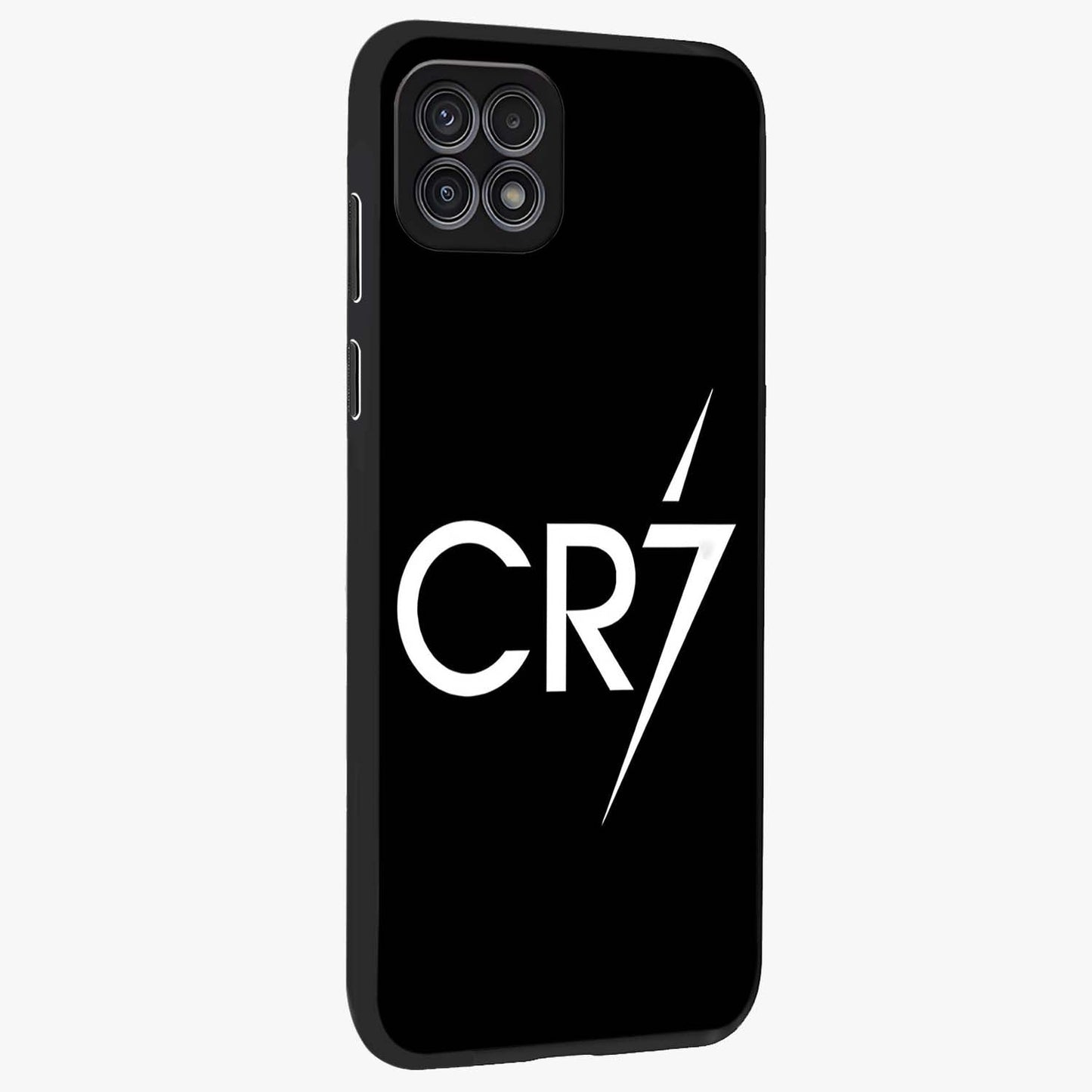 Cr7 Elite Strike Glass Case upright view showcasing energetic football inspired design with modern sports aesthetic.