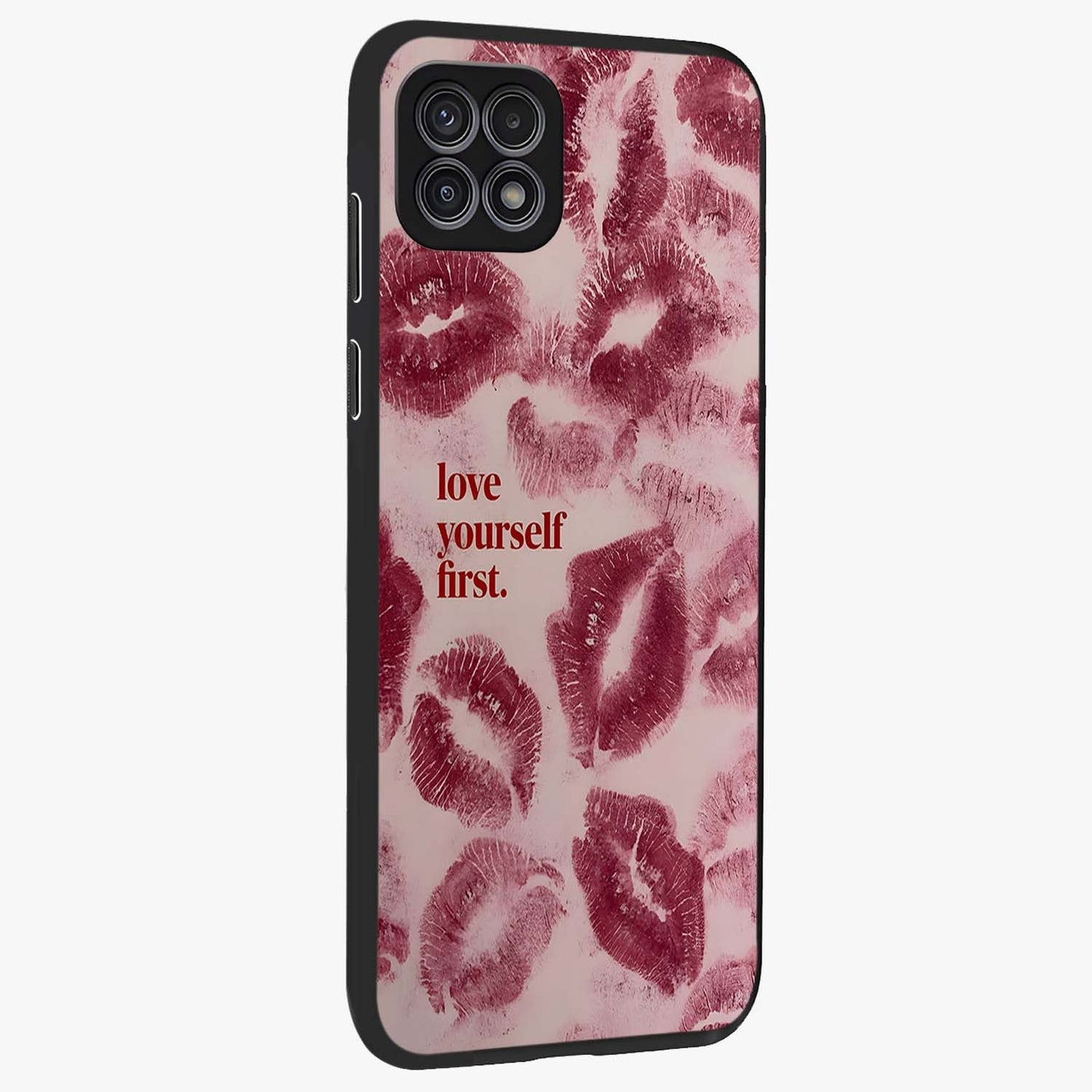 Crimson Kiss Love Glass Case upright view showcasing expressive romantic artwork with deep crimson theme.