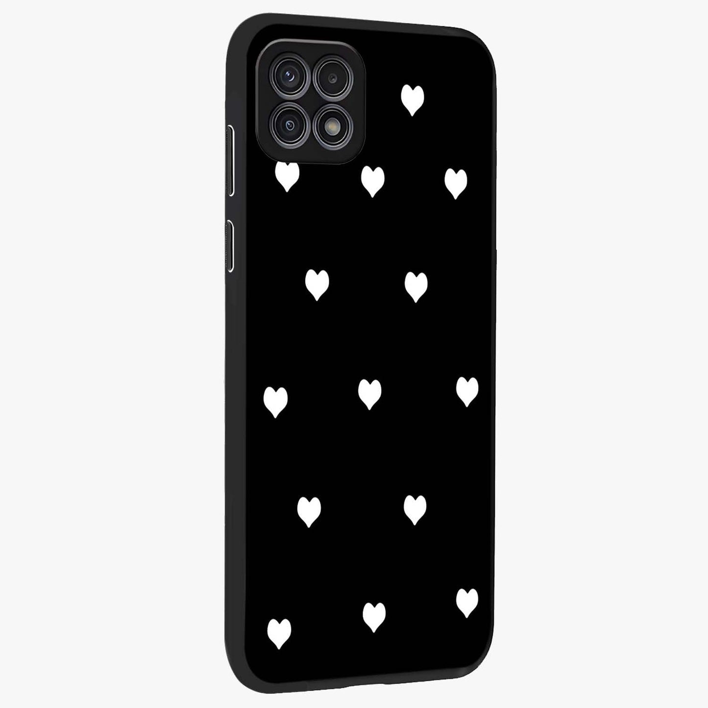Cute And Simple White Hearts Glass Case upright view showcasing simple white hearts artwork with soft minimal theme.