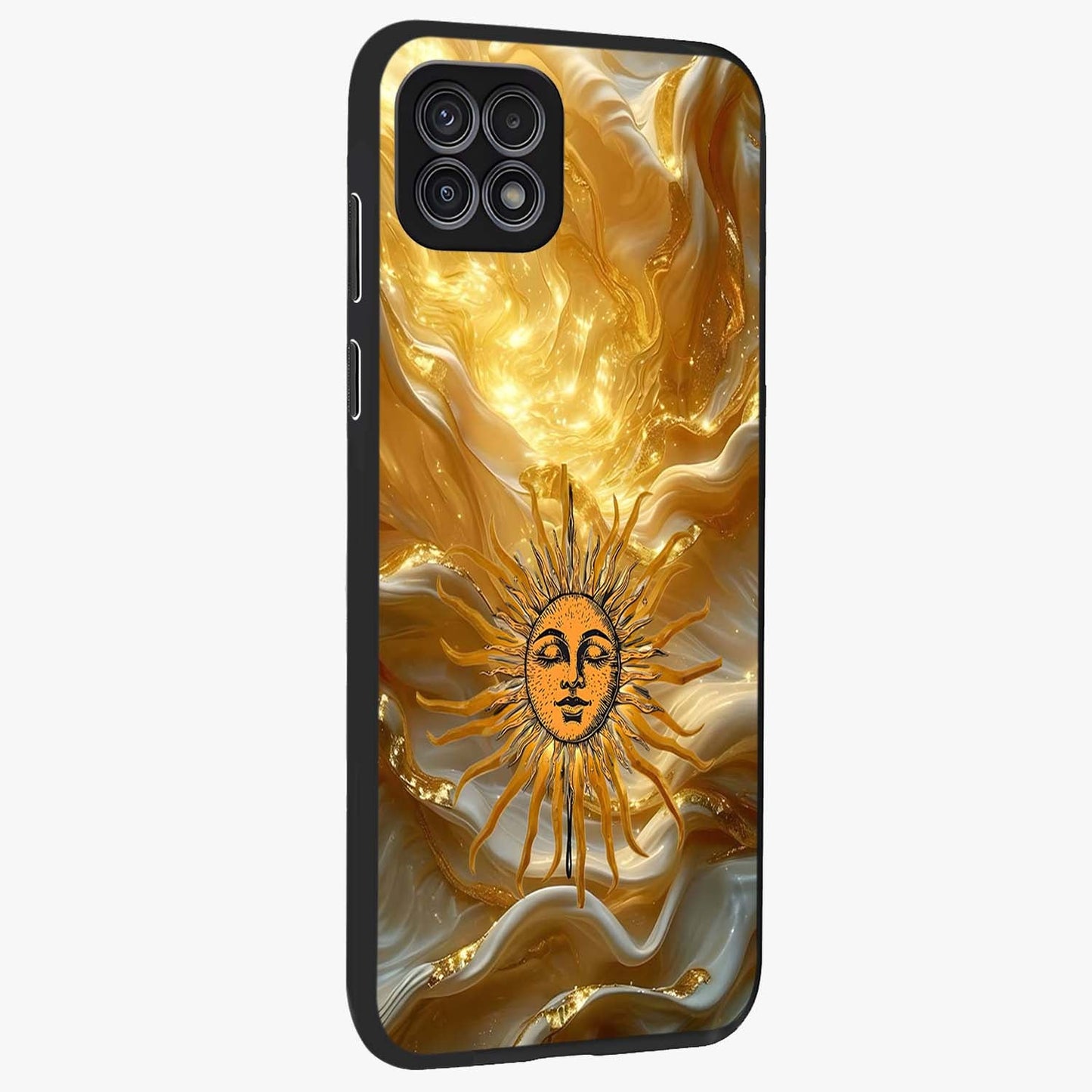 Eternal Golden Glow Glass Case upright view showcasing luminous golden artwork with luxurious visual theme.