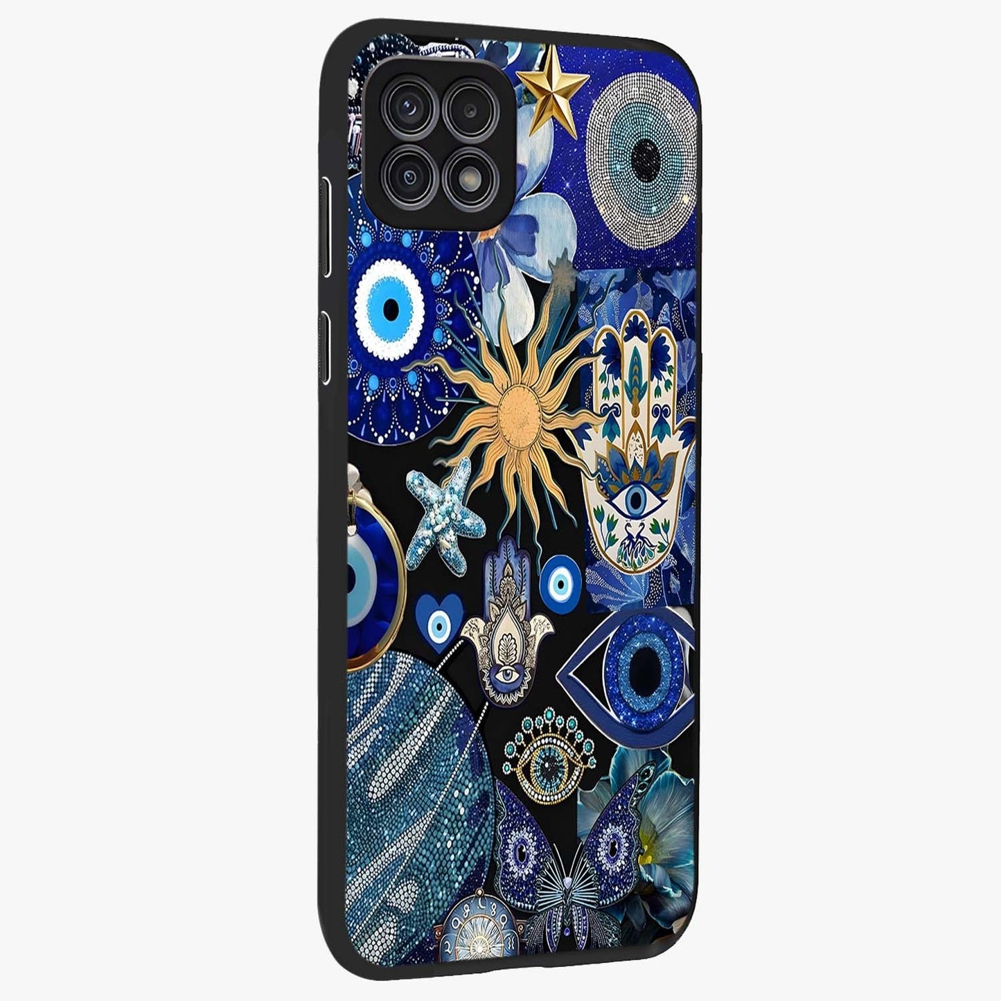 Evil Eye Charm Mix Glass Case upright view showcasing mystical evil eye pattern with vibrant decorative style.