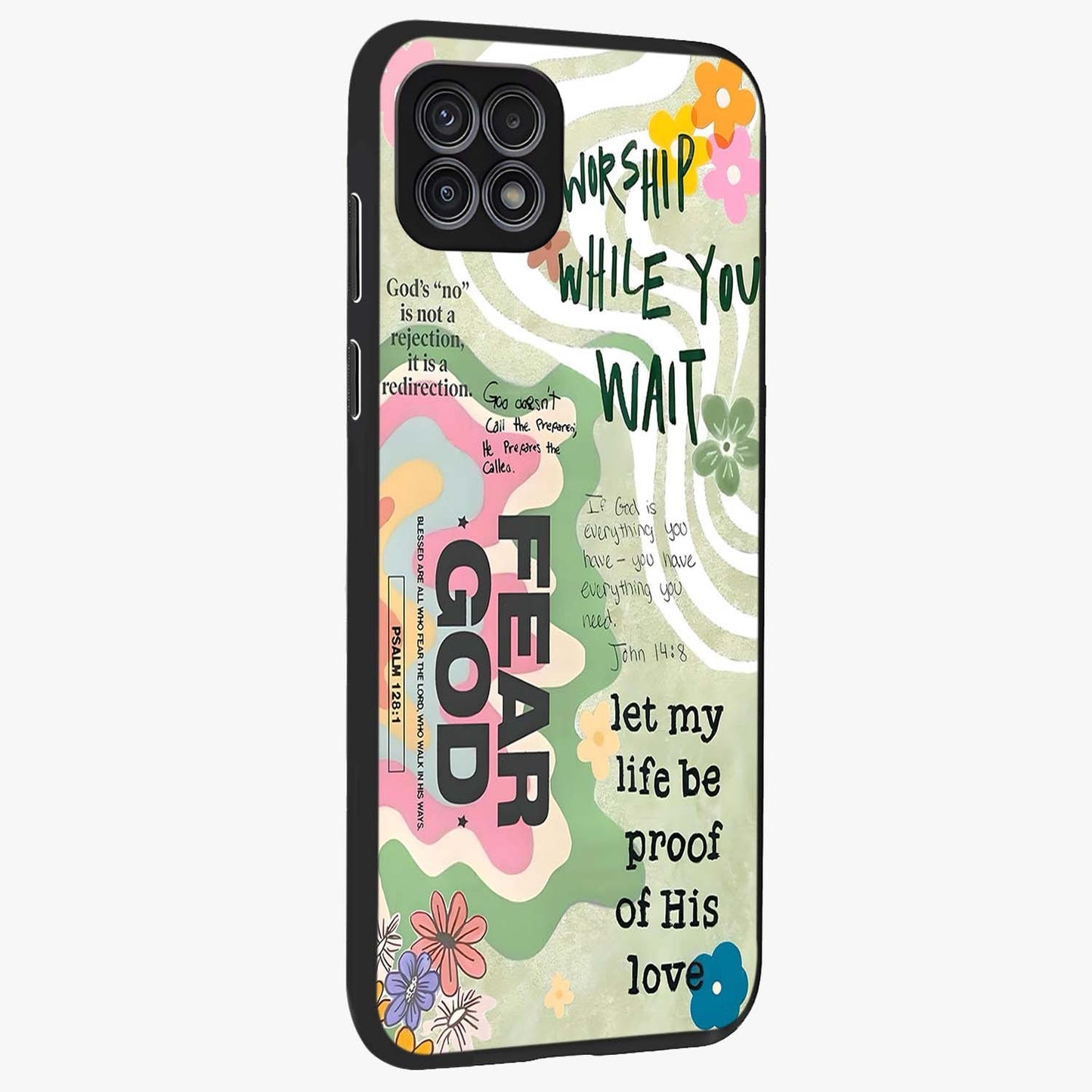 Faith Over Fear Glass Case upright view showcasing bold typography artwork with uplifting motivational theme.