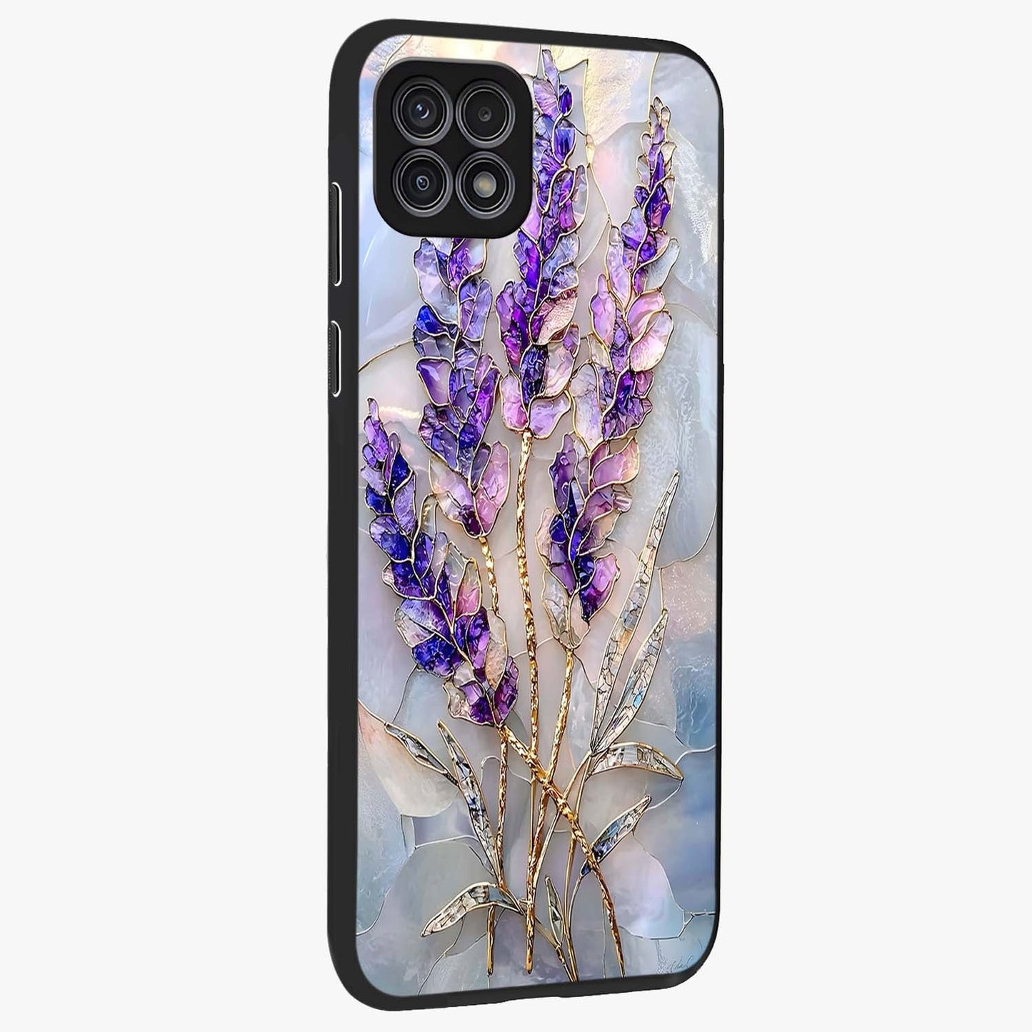 Lavender Dream Glow Glass Case upright view showcasing radiant lavender glow artwork with calming dreamy theme.