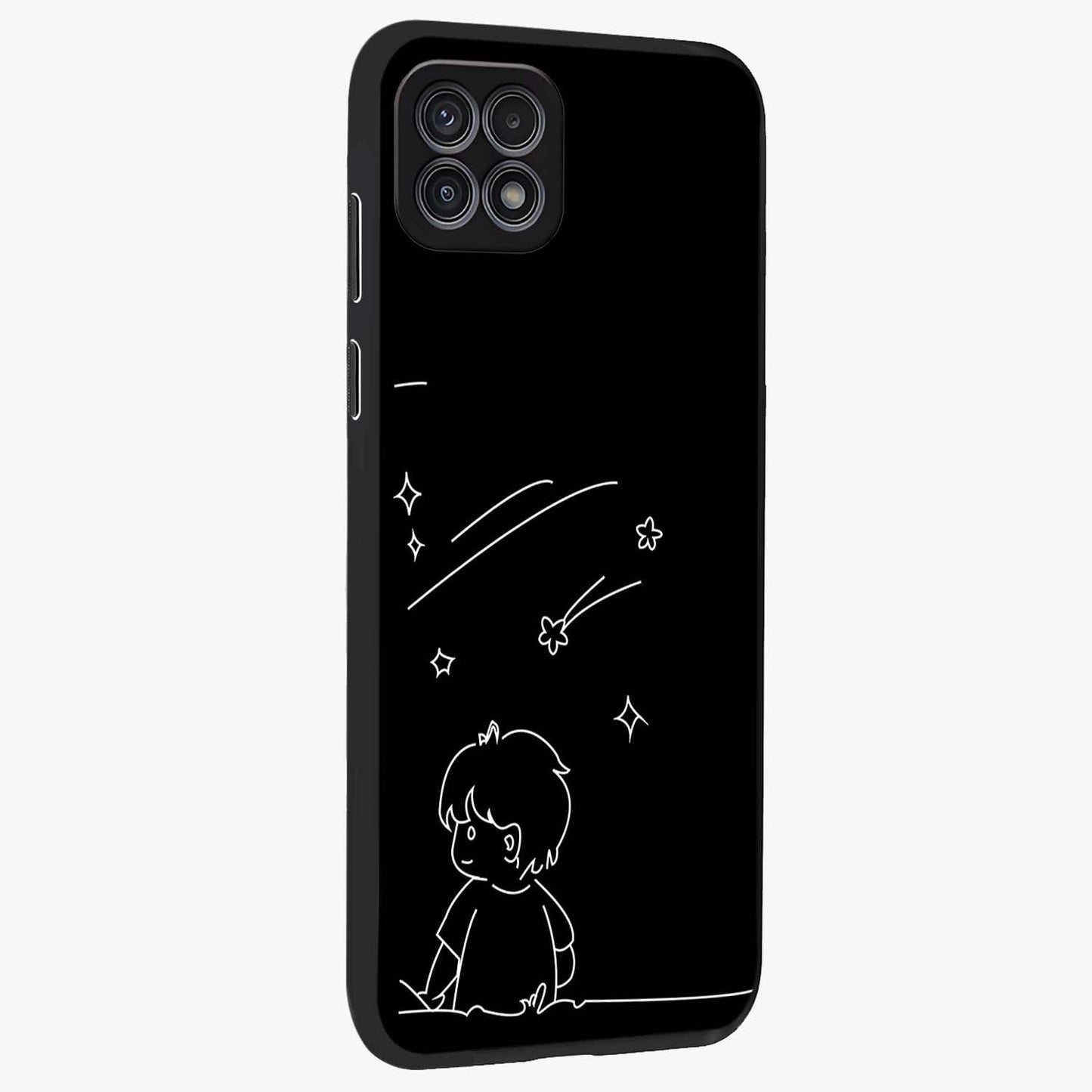 Line Art Boy With Shooting Stars Glass Case upright view showcasing artistic shooting star illustration with minimal style.
