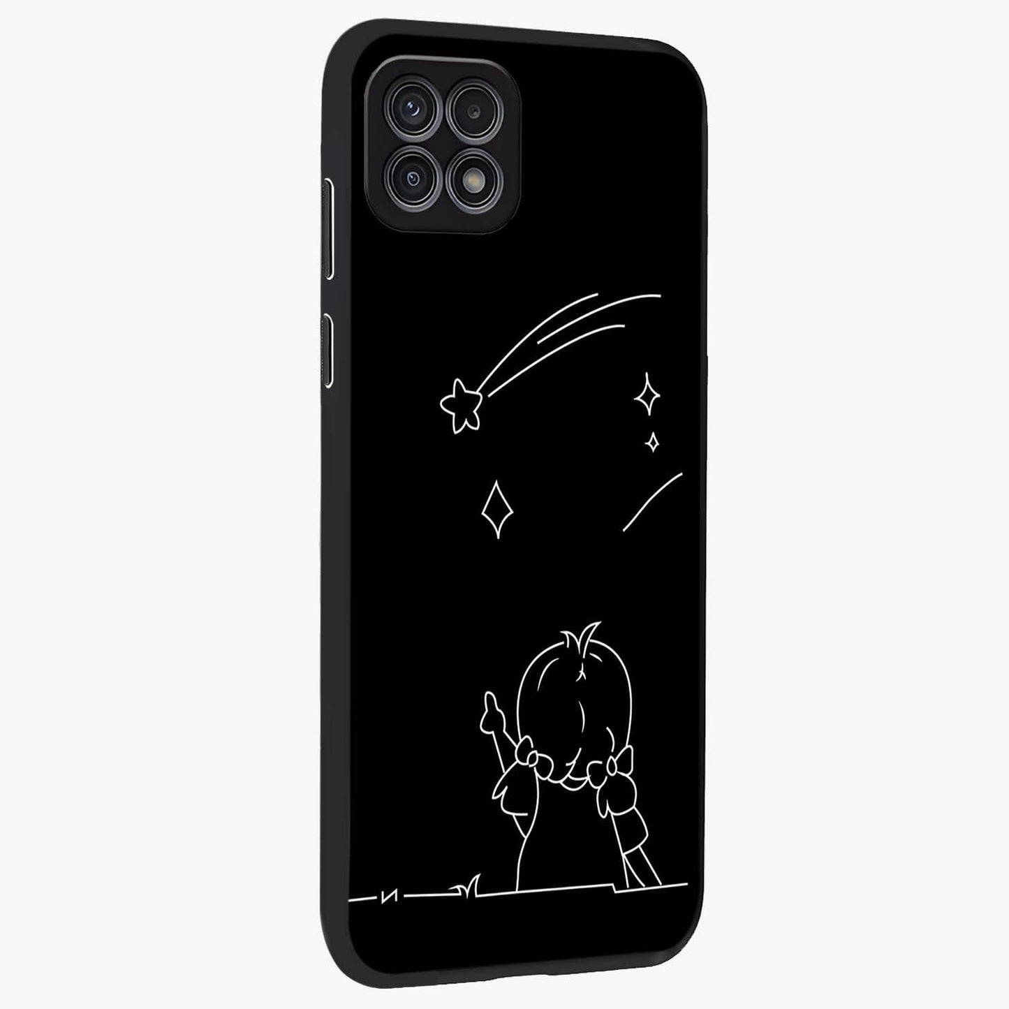 Line Art Girl With Shooting Stars Glass Case upright view showcasing delicate shooting stars artwork with minimal artistic theme.