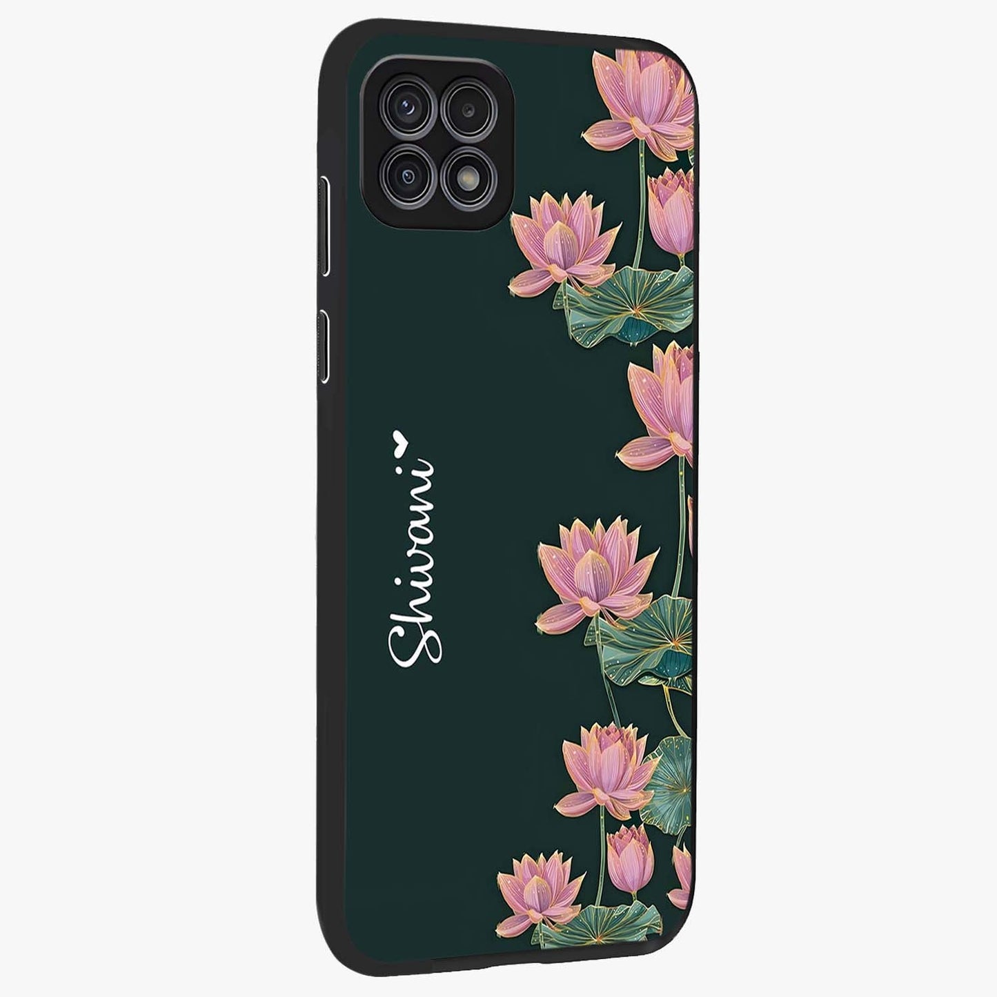 Lotus Bloom Serenity Custom Name Glass Case upright view showcasing serene lotus bloom artwork with personalized floral aesthetic.