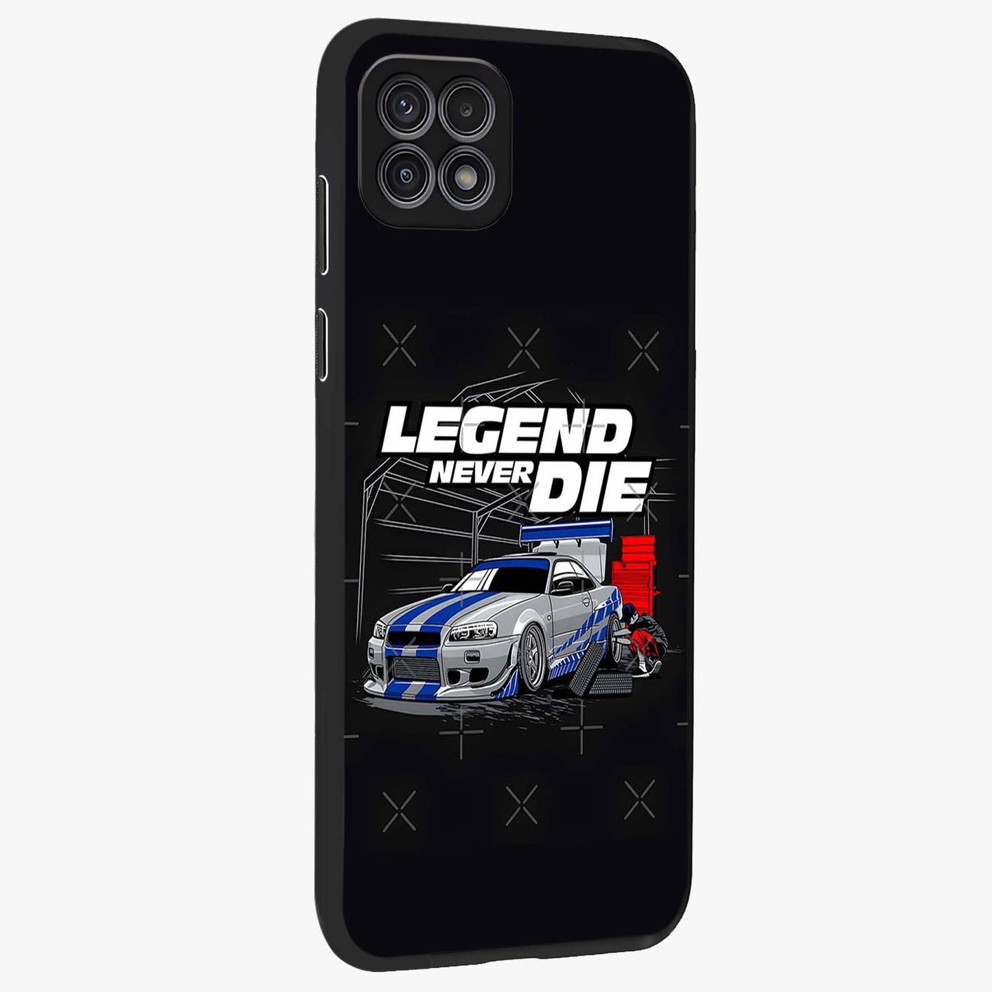 Midnight Racing Legacy Glass Case upright view showcasing powerful racing artwork with modern sports theme.
