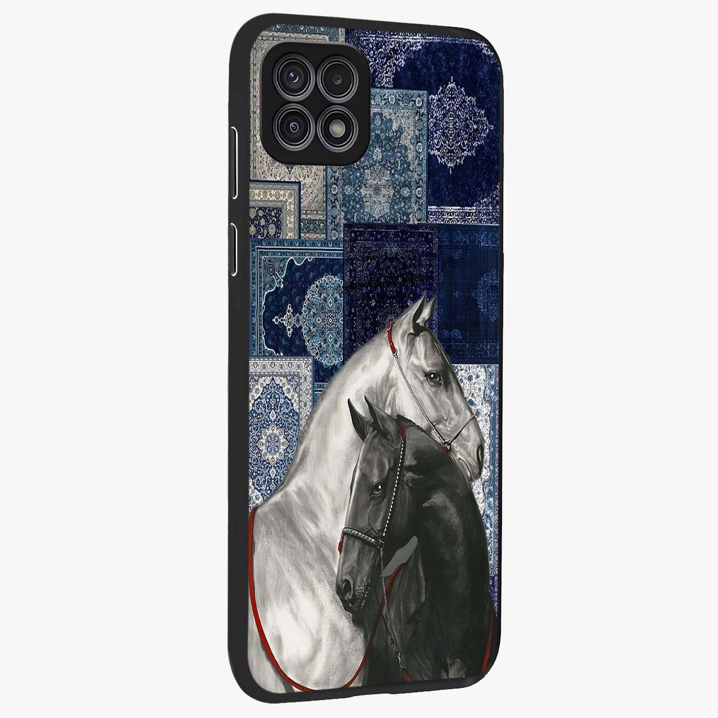 Midnight Stallion Blues Glass Case upright view showcasing dramatic horse artwork with bold artistic theme.