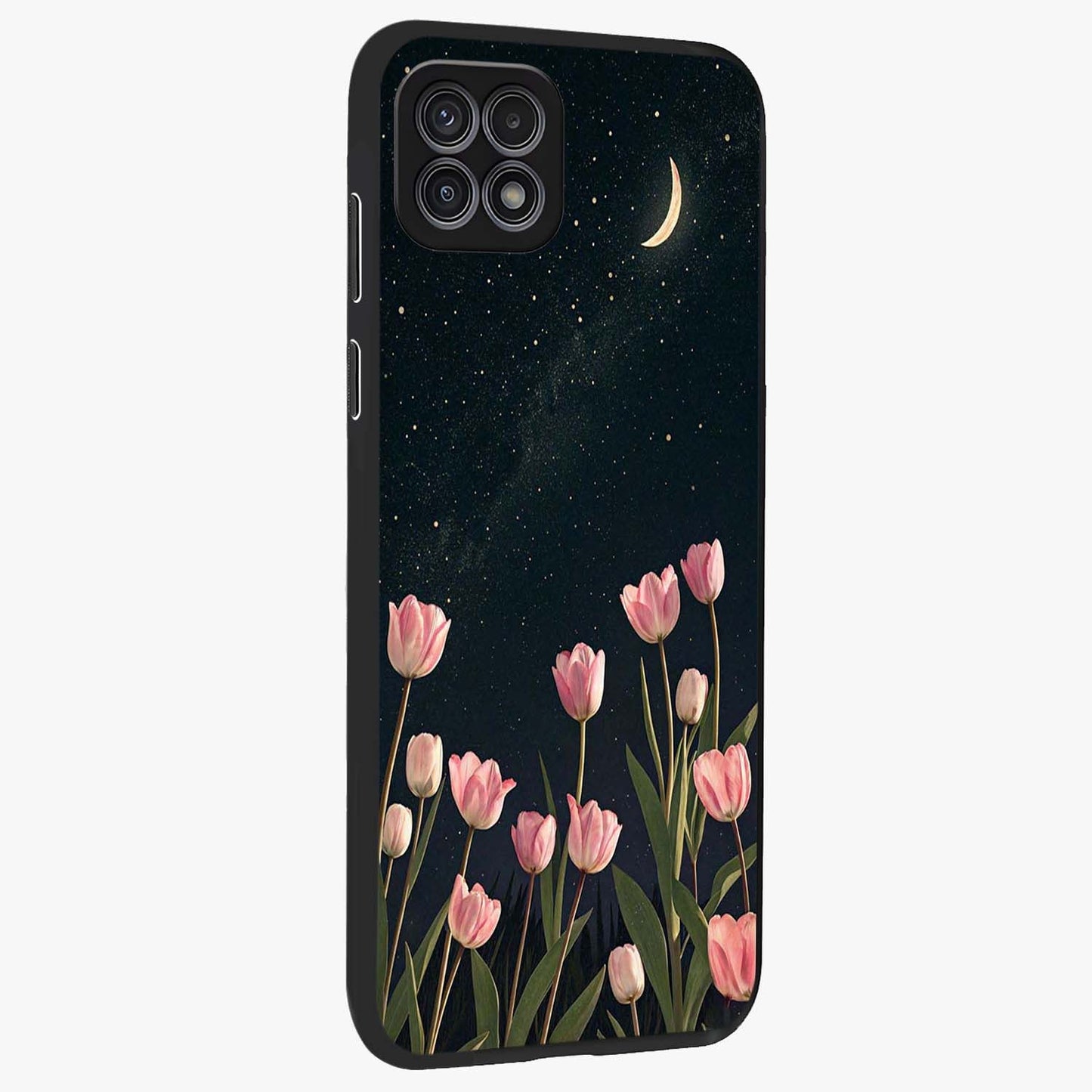 Midnight Tulip Whispers Vibe Glass Case upright view showcasing graceful tulip artwork with calm botanical theme.