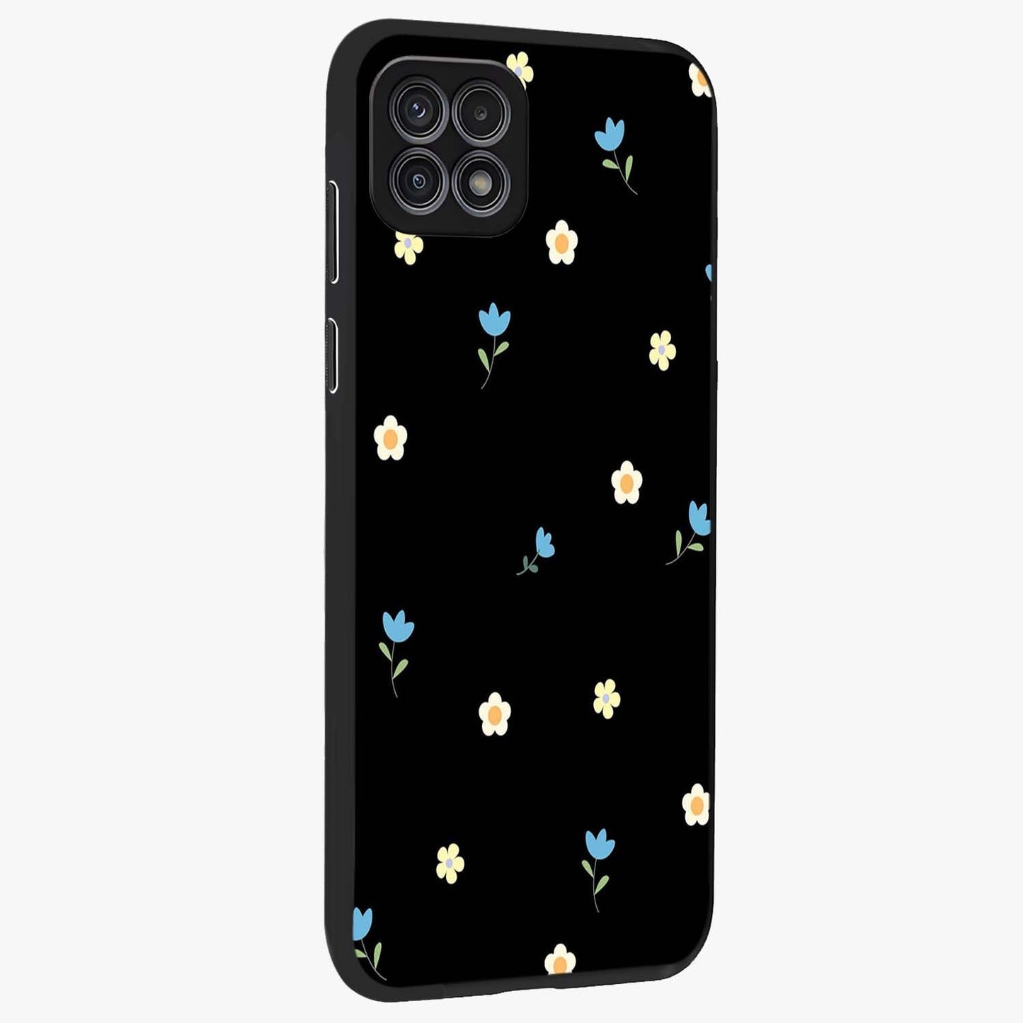Minimal Petal Whispers Glass Case upright view showcasing elegant floral artwork with modern minimalist style.