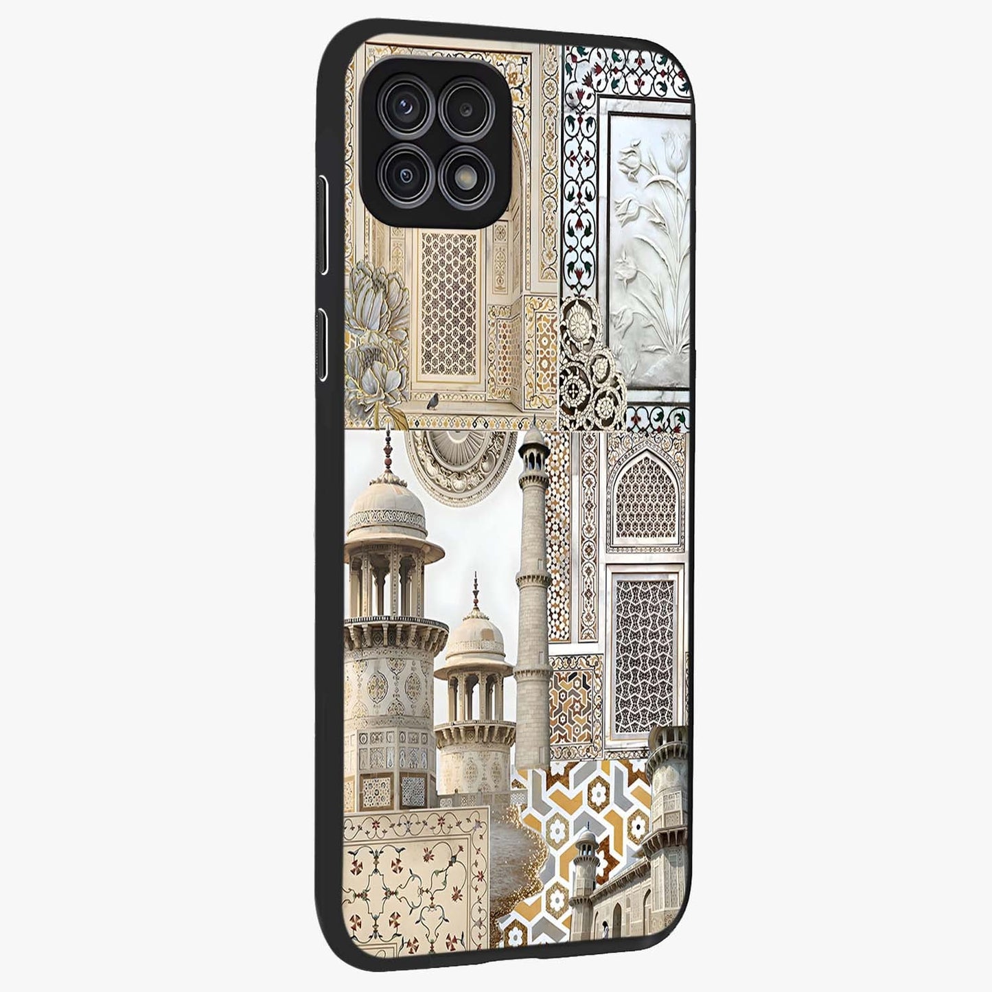 Mughal Marble Legacy Glass Case upright view showcasing ornate Mughal design with luxurious traditional theme.