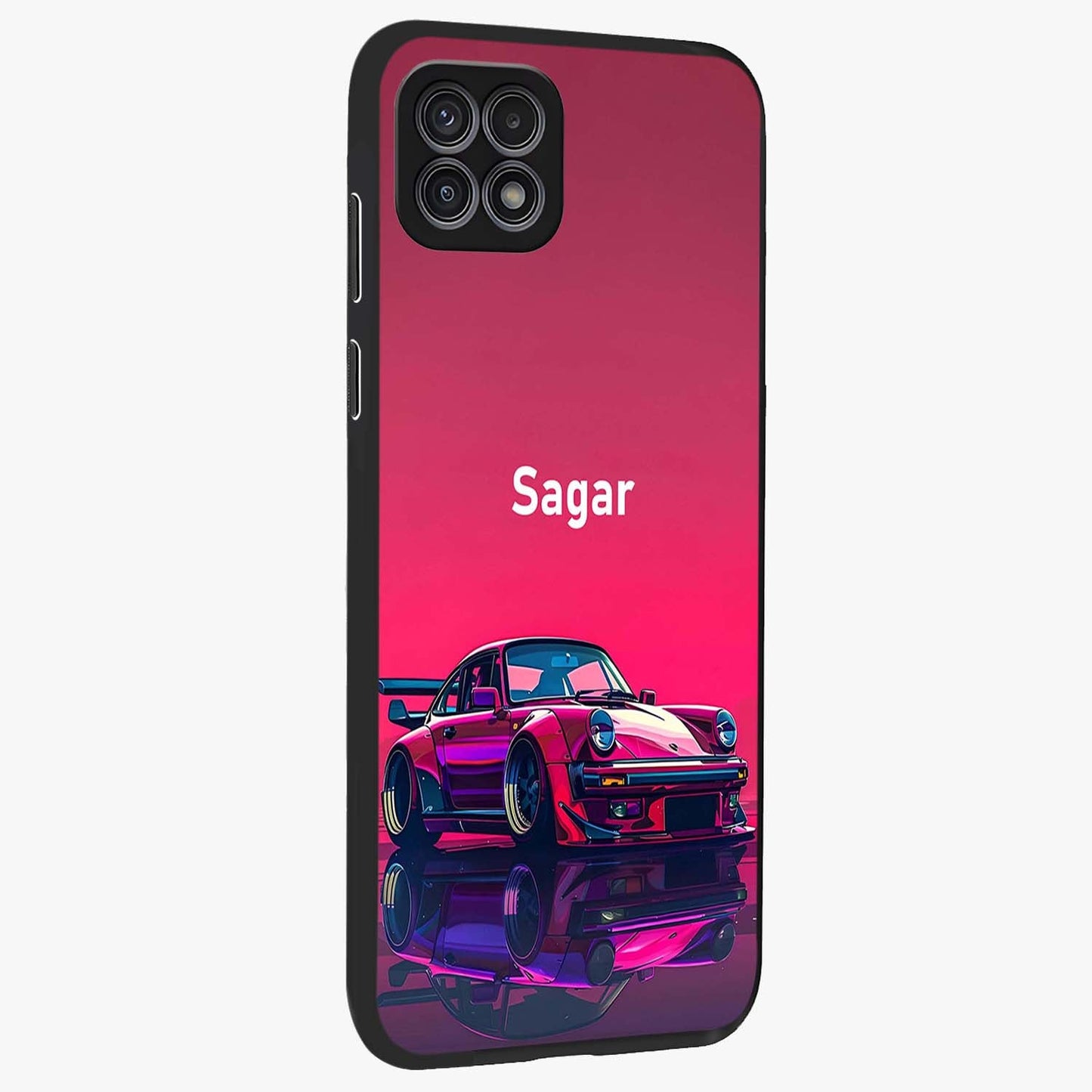 Neon Pink Porsche Glass Case upright view showcasing vibrant sports car artwork with bold automotive theme.