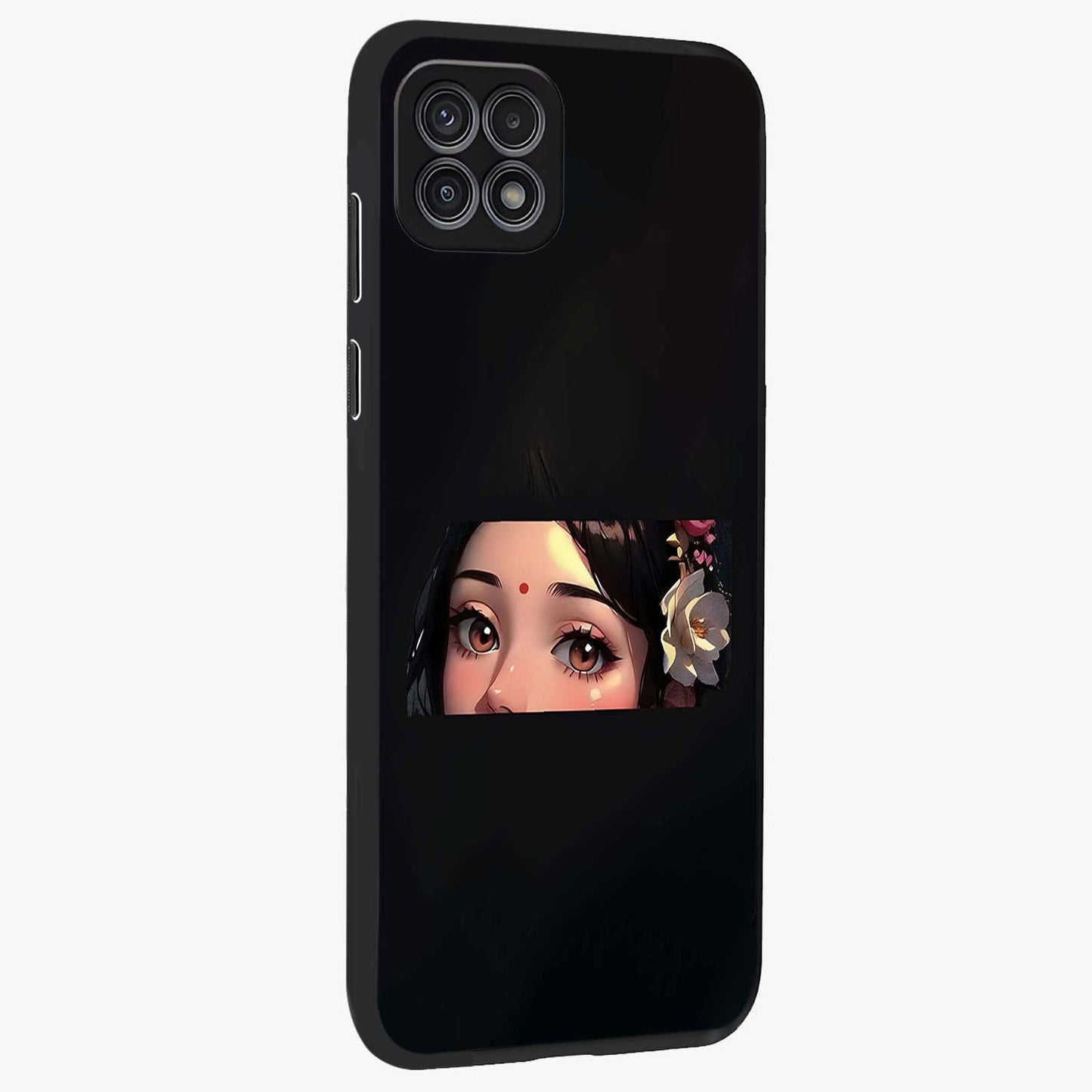 Radha Divine Embrace Glass Case upright view showcasing sacred Radha themed artwork with peaceful devotional style.