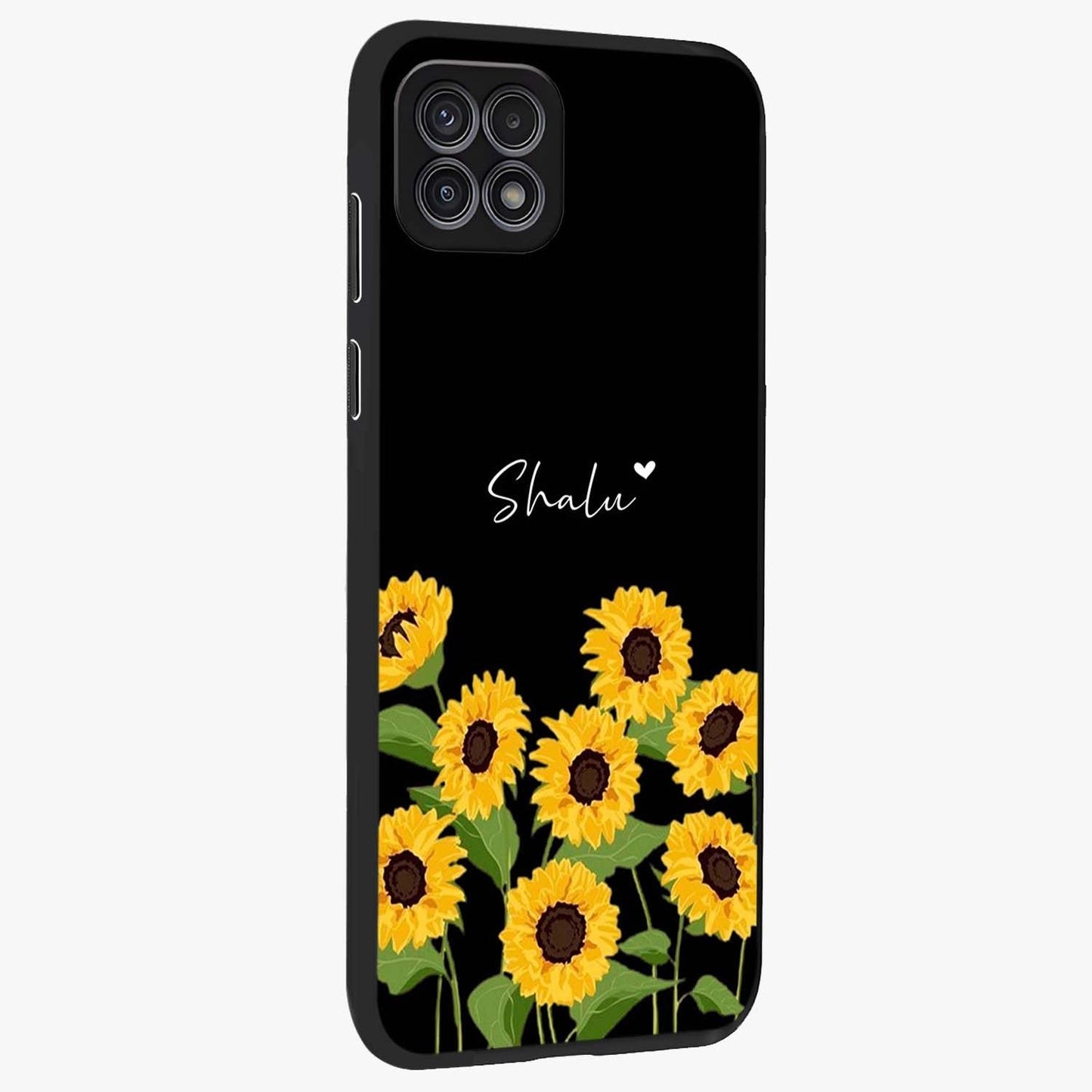 Sunflower Chic Mood Custom Name Glass Case upright view showcasing cheerful sunflower artwork with trendy floral theme.
