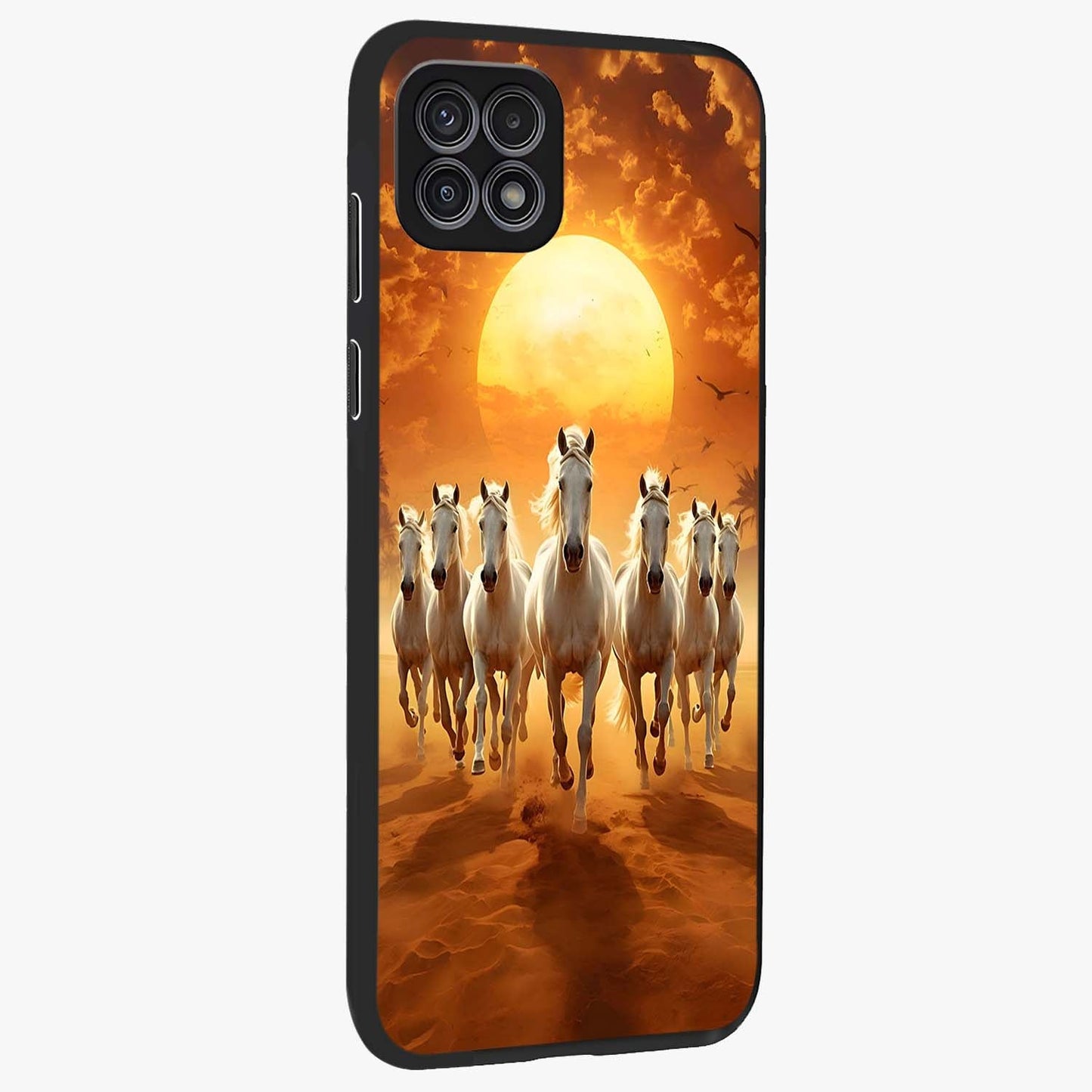 Wild Sunset Majesty Glass Case upright view showcasing dramatic sunset artwork with bold nature theme.