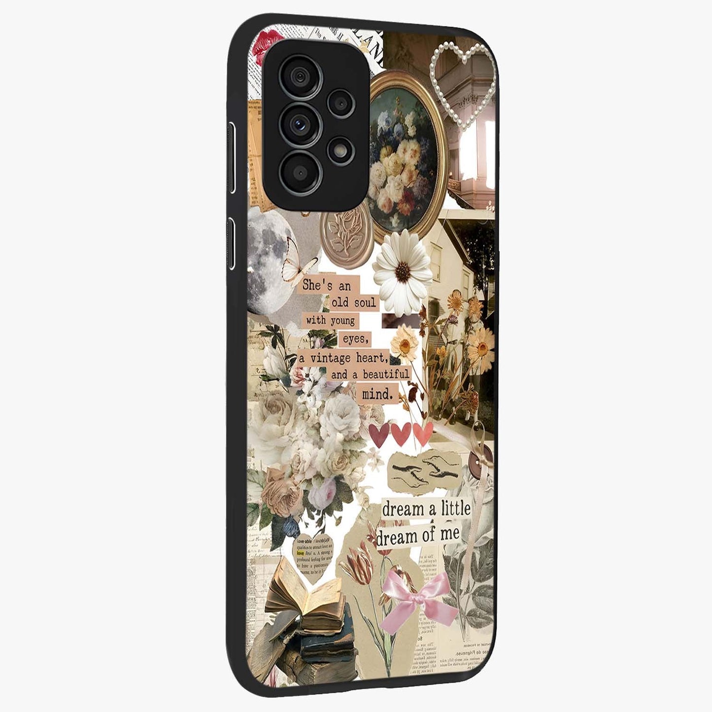 Aesthetic Brown Vintage Collage Glass Case upright view showcasing nostalgic retro artwork with stylish vintage theme.