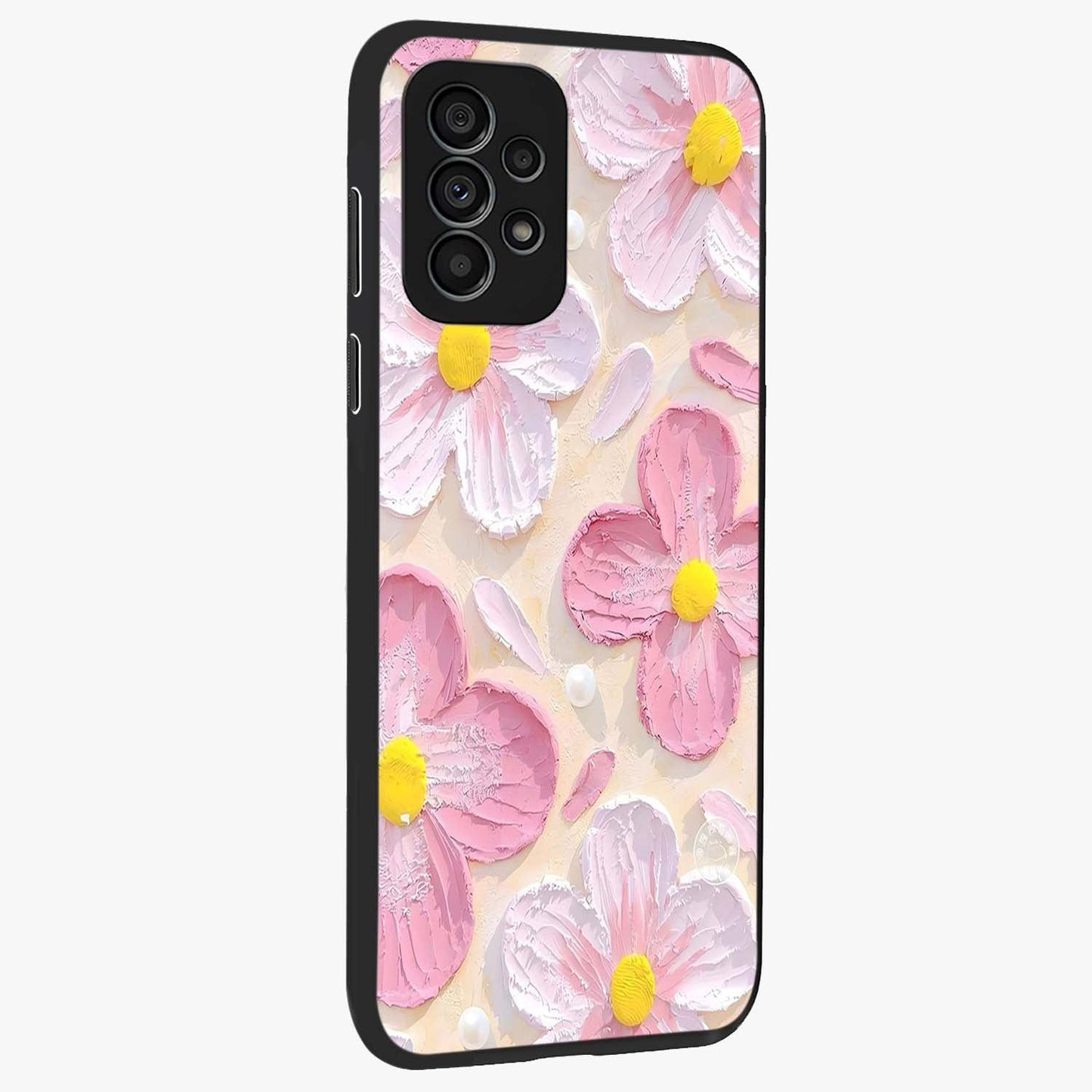 Blush Bloom Texture Glass Case upright view showcasing delicate blush floral texture with modern minimal style.