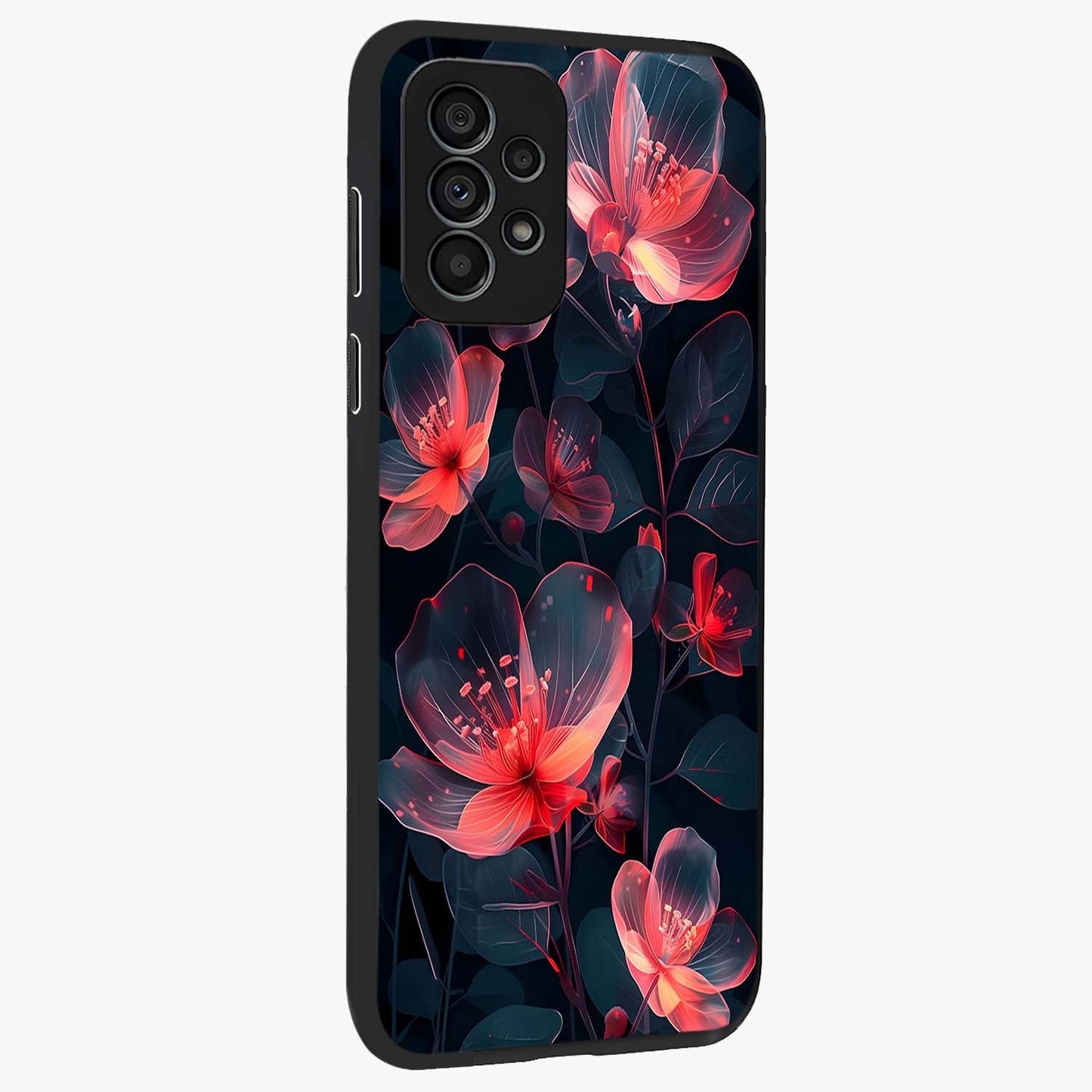 Dark Shade of Flower Glass Case upright view showcasing delicate flower artwork with rich dark floral theme.
