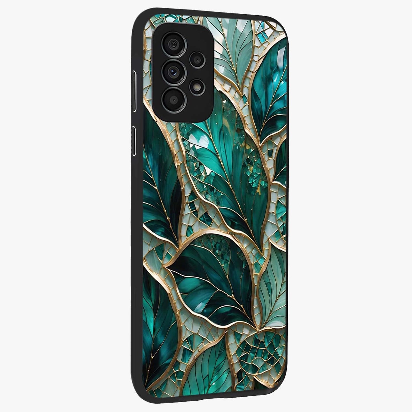 Emerald Leaf Glass Glass Case upright view showcasing fresh green leaf artwork with calming nature inspired style.