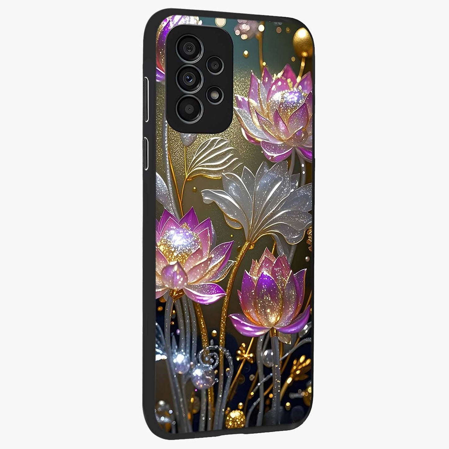 Golden Floral Majesty Glass Case upright view showcasing majestic floral artwork with rich decorative theme.