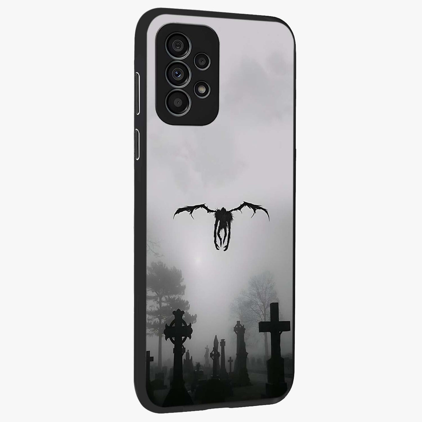 Graveyard Shadow Descent Glass Case upright view showcasing haunting graveyard artwork with dramatic dark theme.