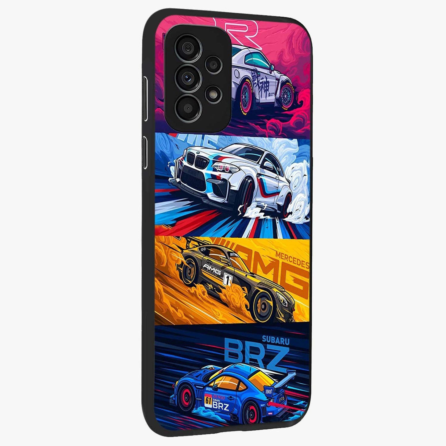 JDM Sports Car Glass Case upright view showcasing dynamic sports car artwork with bold racing theme.
