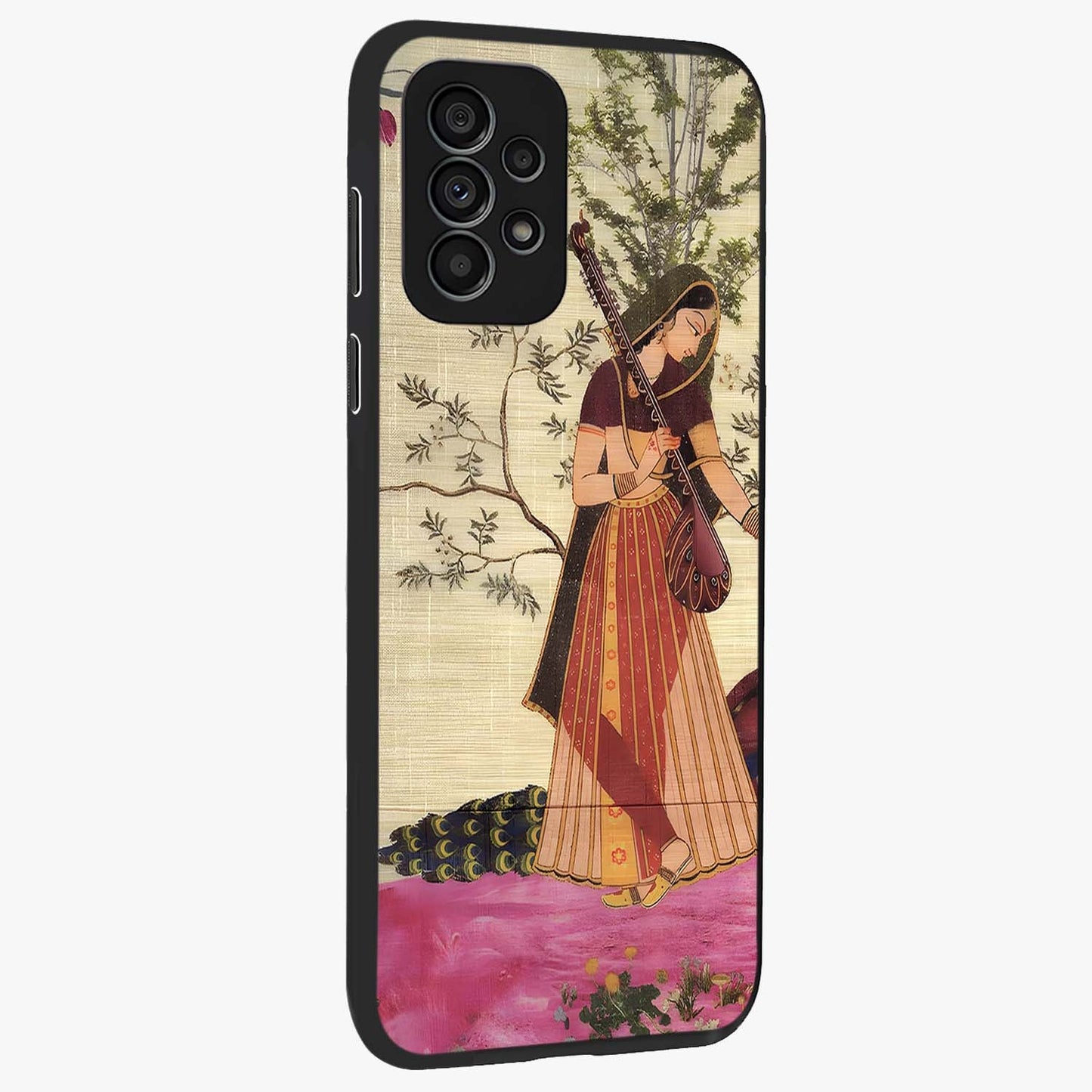 Lady With Veena Art Glass Case upright view showcasing classical veena artwork with traditional artistic theme.