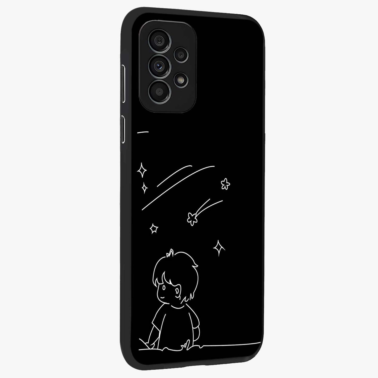 Line Art Boy With Shooting Stars Glass Case upright view showcasing artistic shooting star illustration with minimal style.