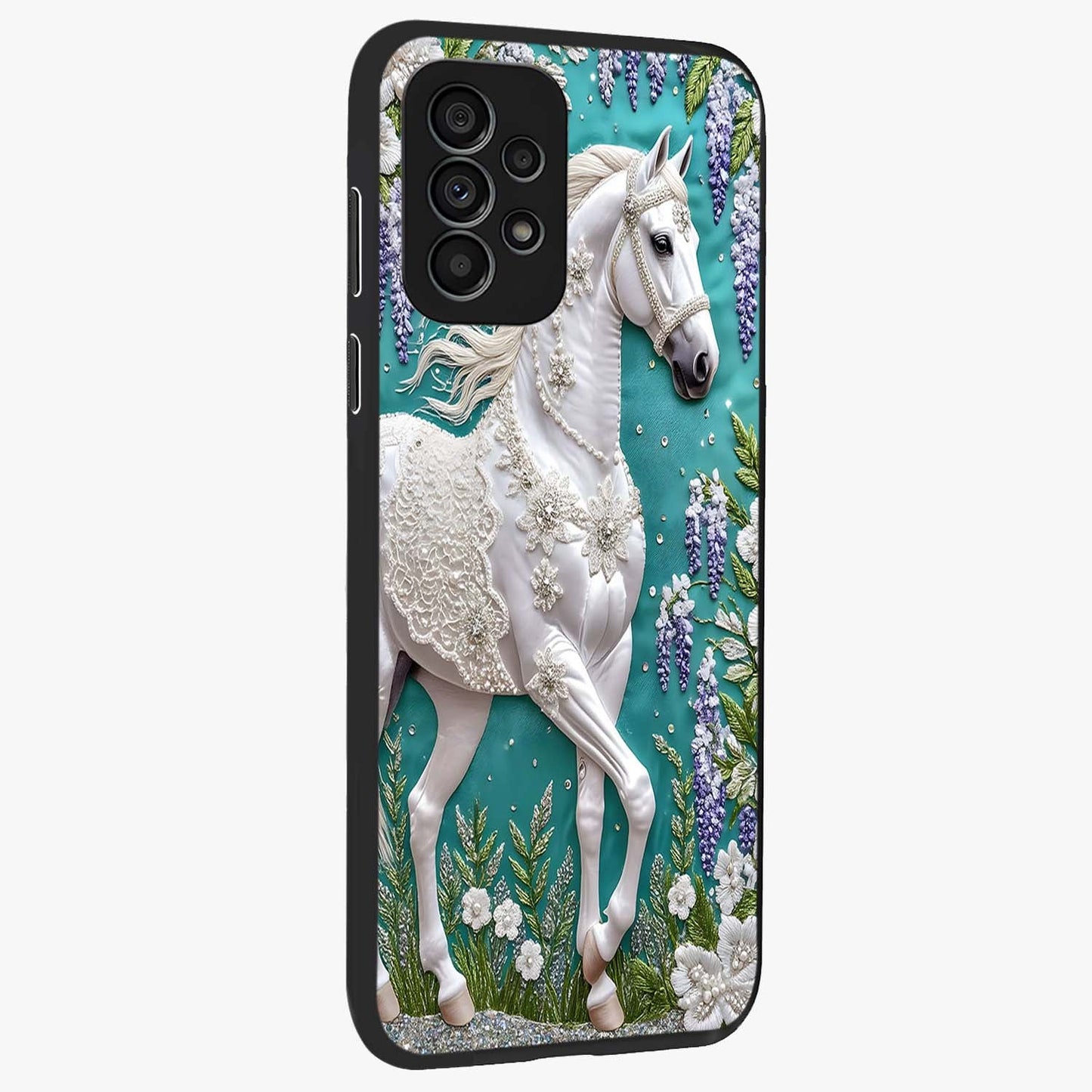 Majestic Floral Stallion Glass Case upright view showcasing dramatic horse artwork with decorative floral theme.