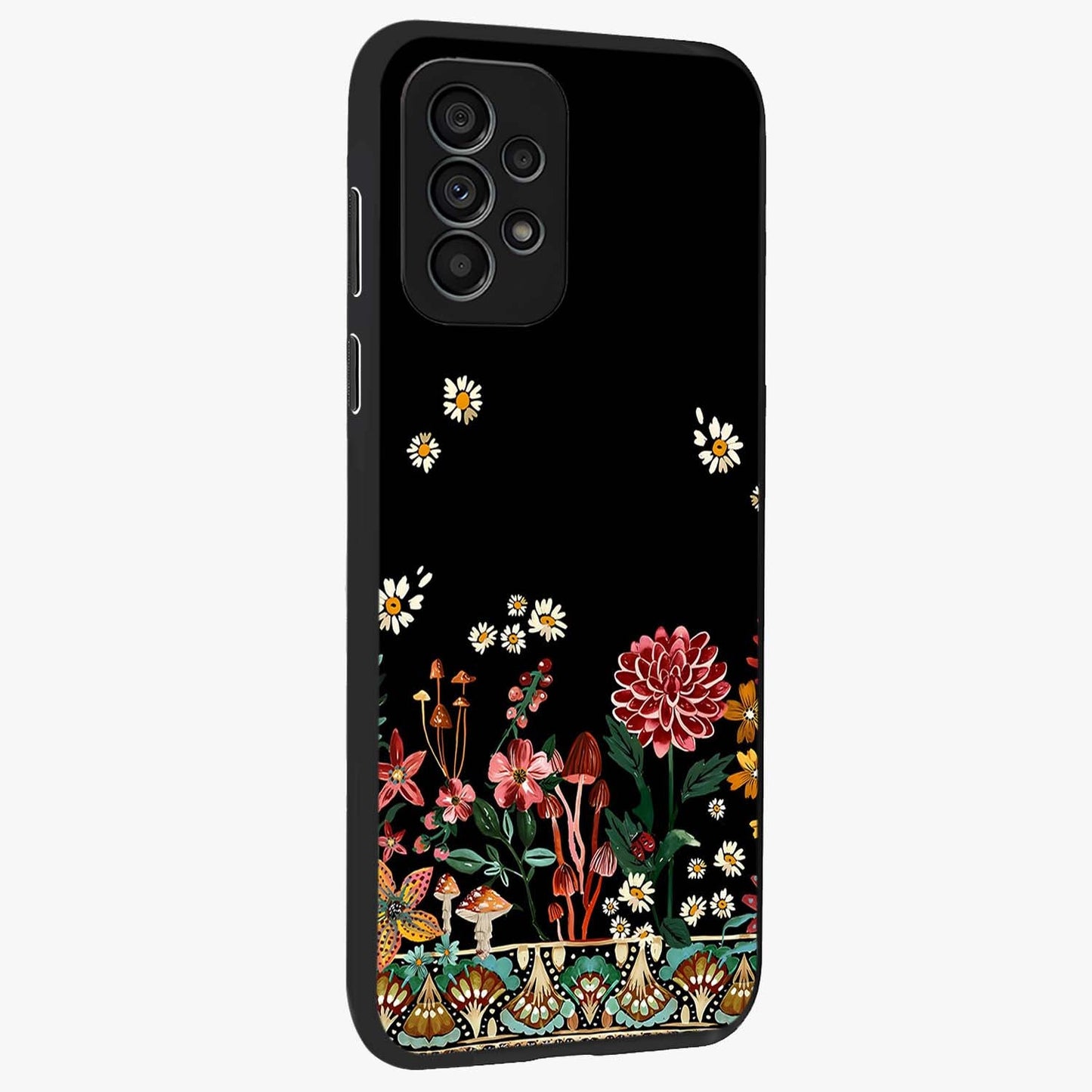 Midnight Bloom Pattern Glass Case upright view showcasing decorative floral artwork with deep night themed palette.