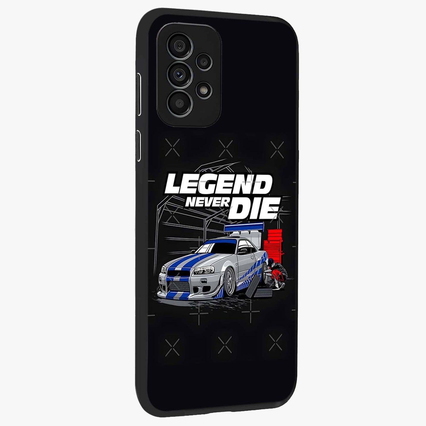 Midnight Racing Legacy Glass Case upright view showcasing powerful racing artwork with modern sports theme.