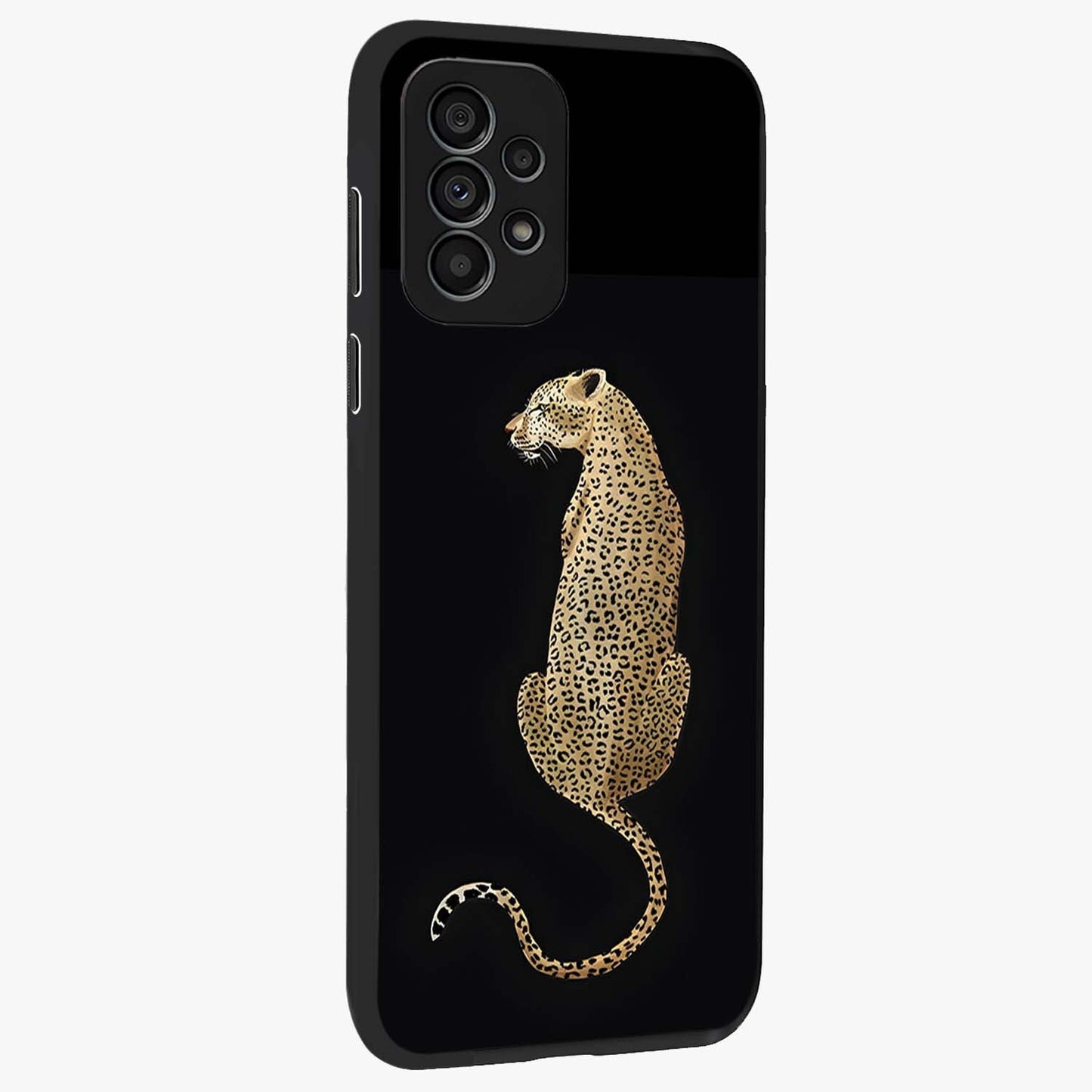 Regal Leopard Glass Case upright view showcasing striking leopard artwork with fierce wildlife theme.
