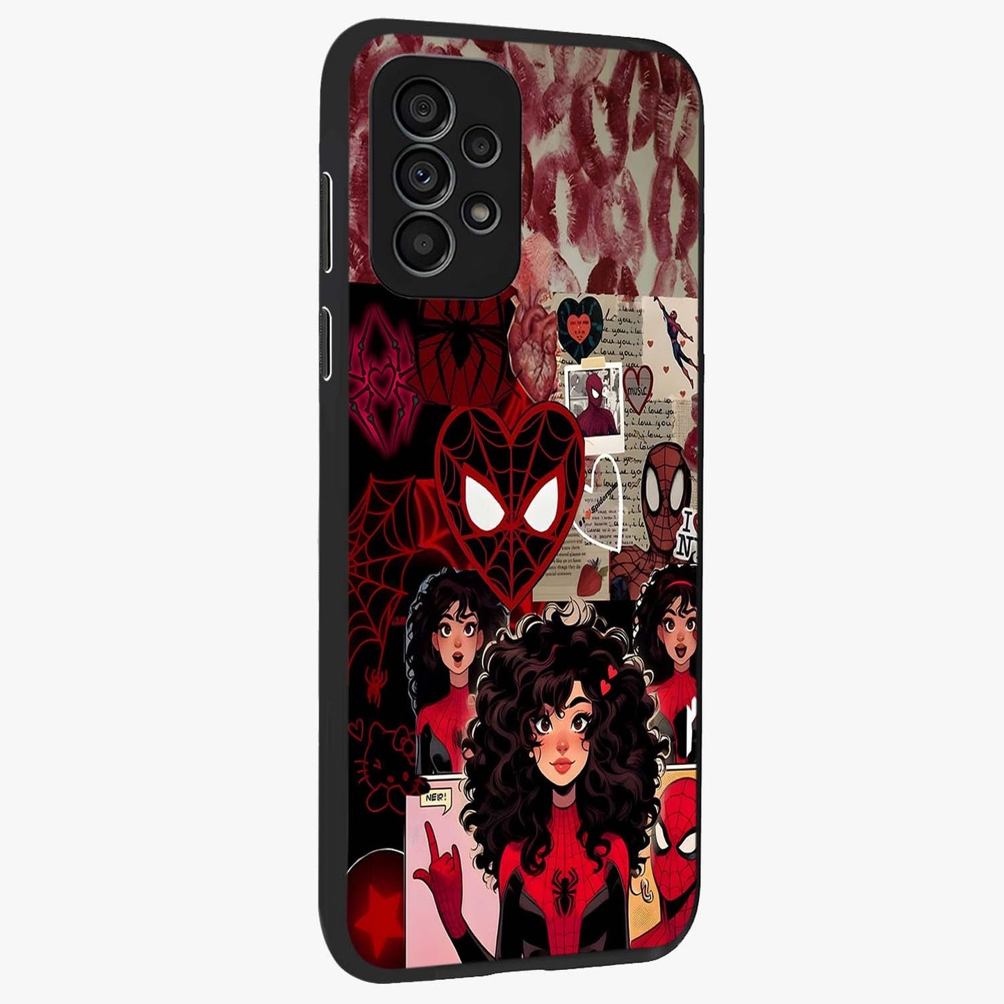 Spider Love Story Glass Case upright view showcasing charming superhero artwork with romantic comic theme.