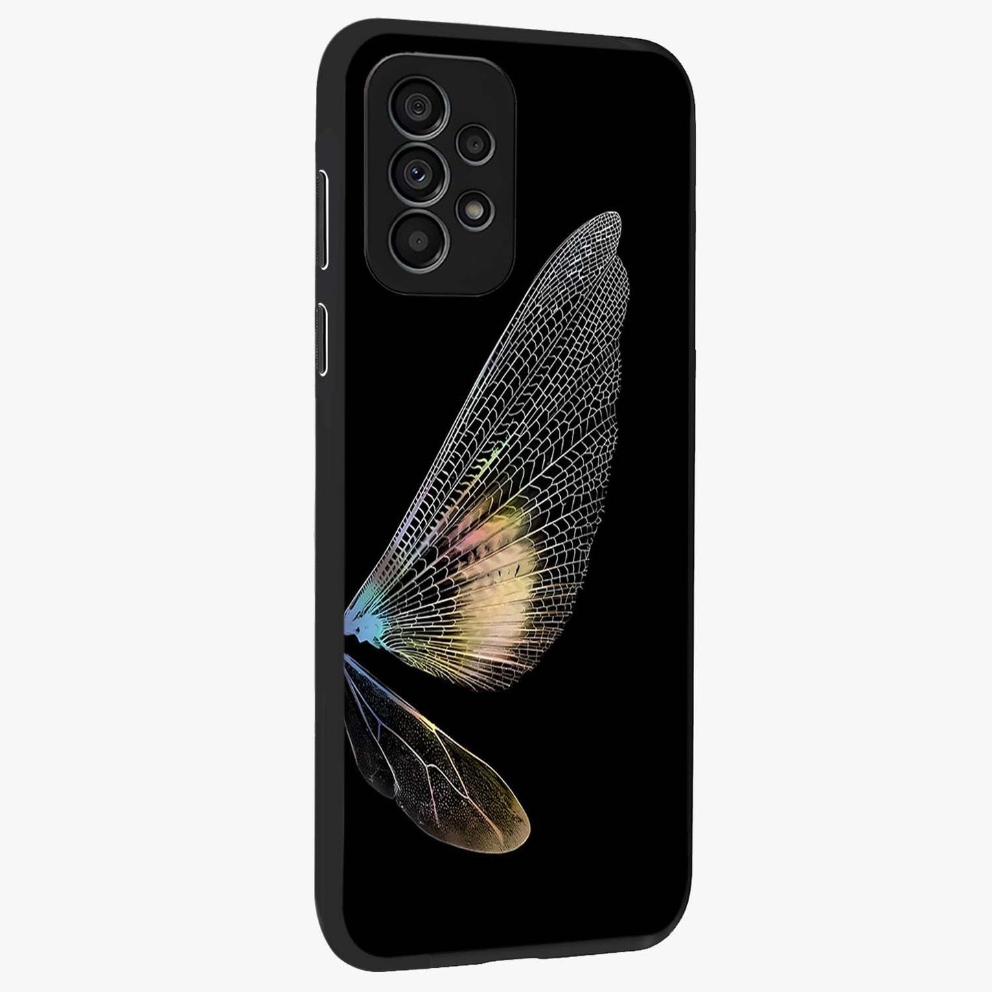 Whispers Of Wings Glass Case upright view showcasing elegant wing artwork with light airy theme.