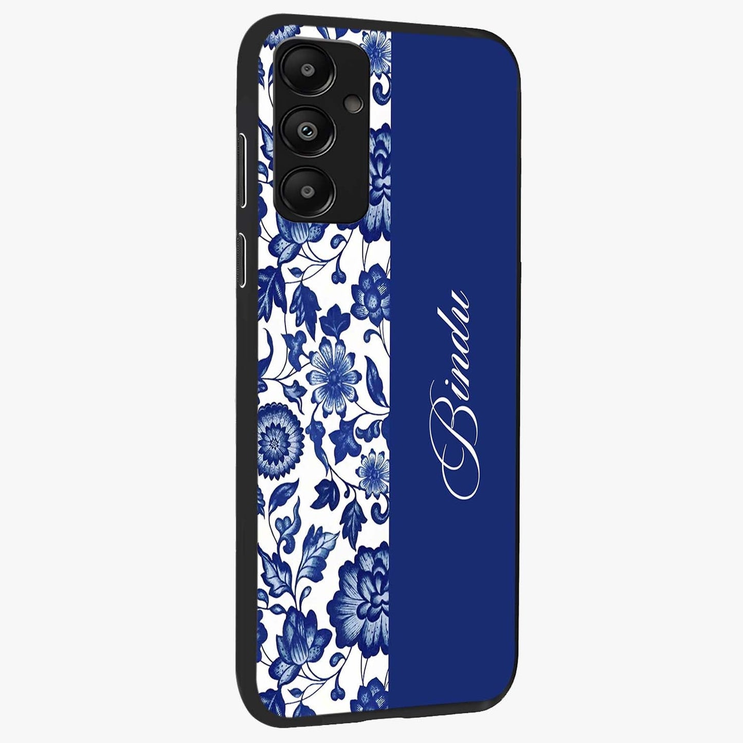 Blue Vintage Floral Pattern Glass Case upright view showcasing delicate blush floral texture with modern minimal style.