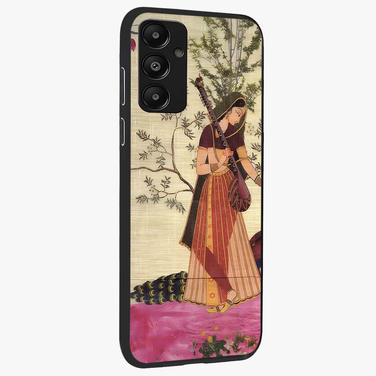 Lady With Veena Art Glass Case upright view showcasing classical veena artwork with traditional artistic theme.
