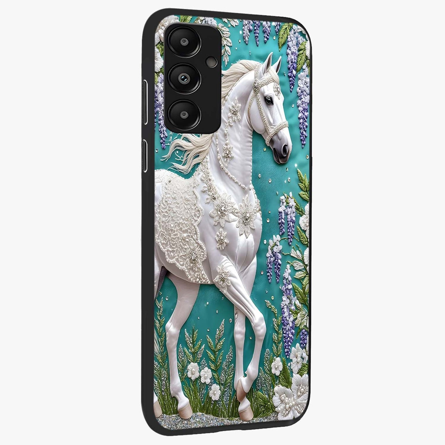 Majestic Floral Stallion Glass Case upright view showcasing dramatic horse artwork with decorative floral theme.